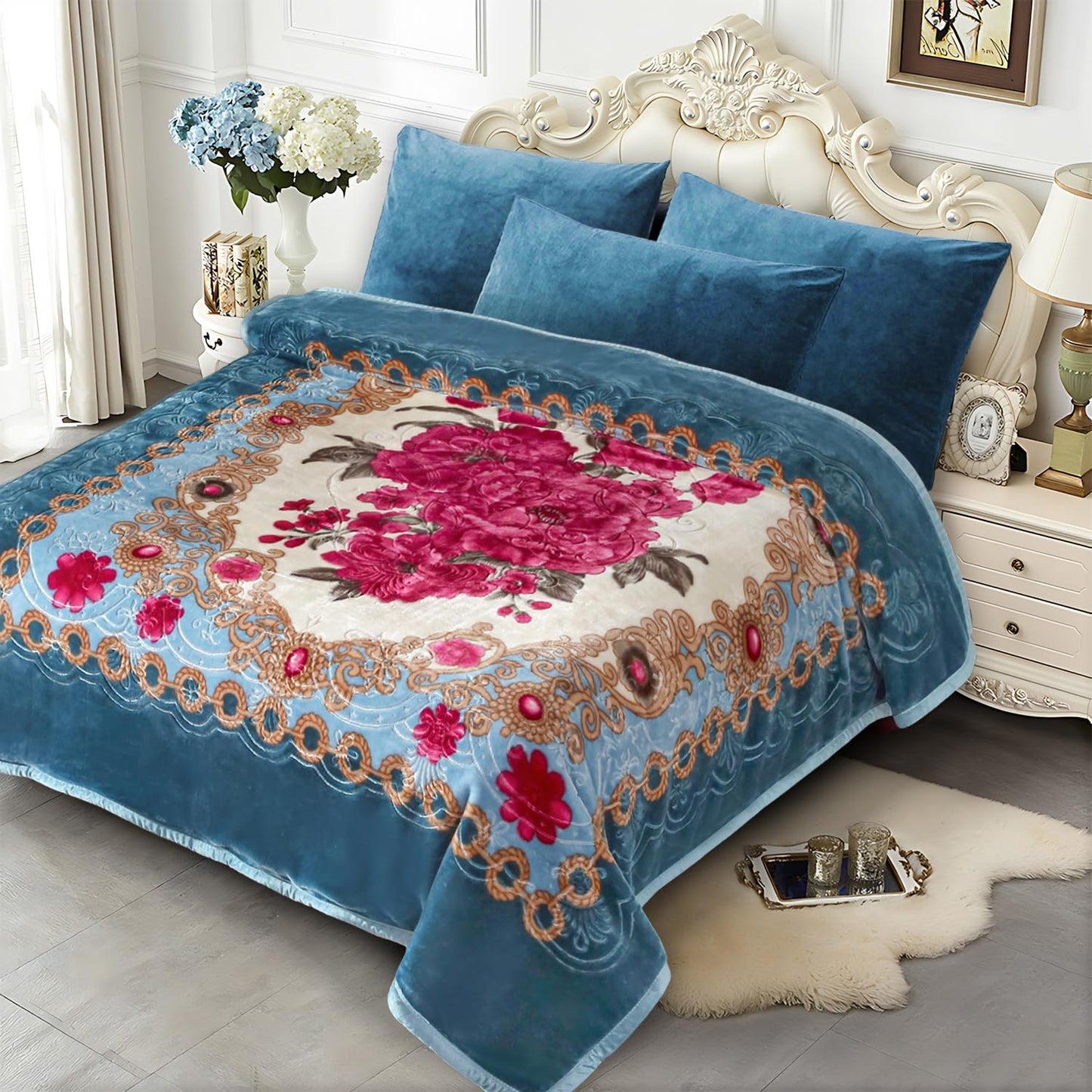 JYK Korean Mink Fleece Flannel Blanket Queen Size 75" x 87", 5 Pounds - 2 Ply Reversible Silky Soft Plush Warm, Comfy Blanket for Autumn, Winter - Blue/Peony