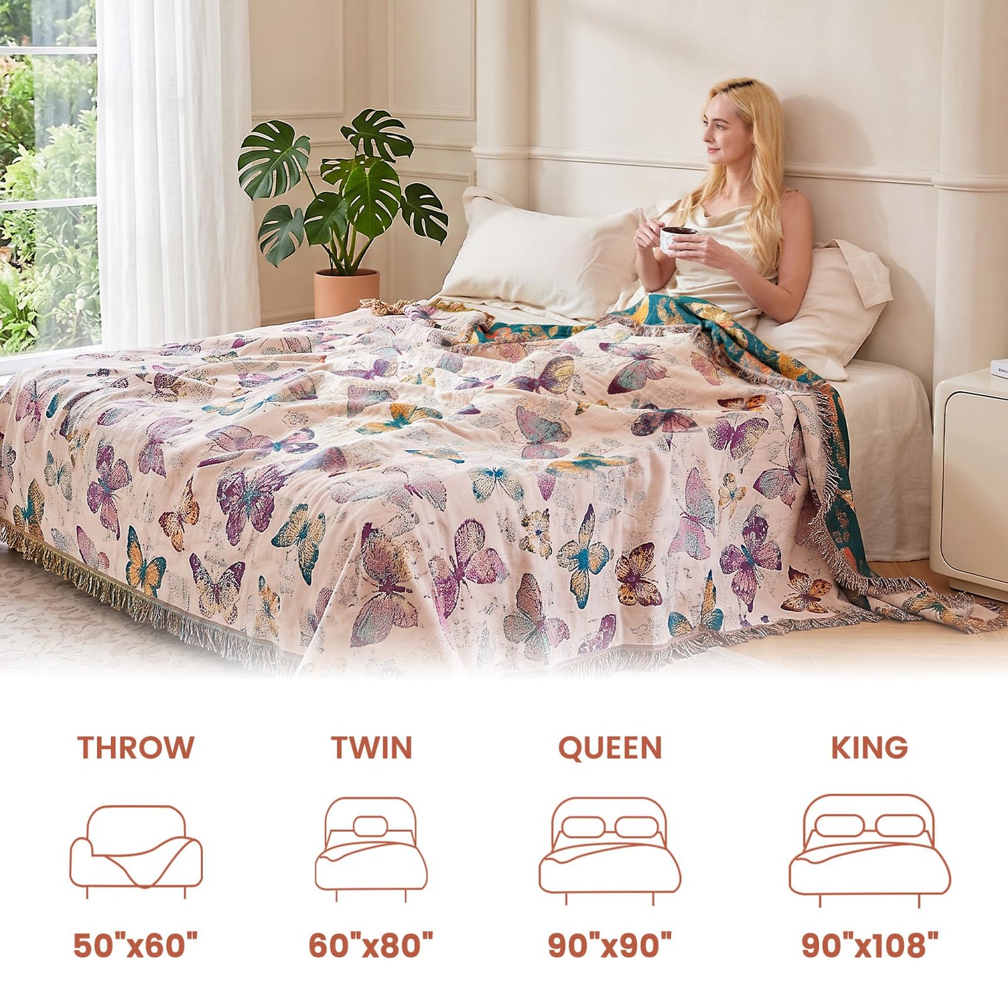 MSGKV Boho Throw Blanket for Bed Cotton Butterfly Twin Size Couch Blanket 60"x80" Muslin Summer Breathable All Seasons Lightweight Farmhouse Blankets