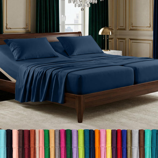 Elegant Comfort Luxurious 1500 Premium Hotel Quality Microfiber Three Line Embroidered Softest 5-Piece Bed Sheet Set, Wrinkle and Fade Resistant, Split King, Navy