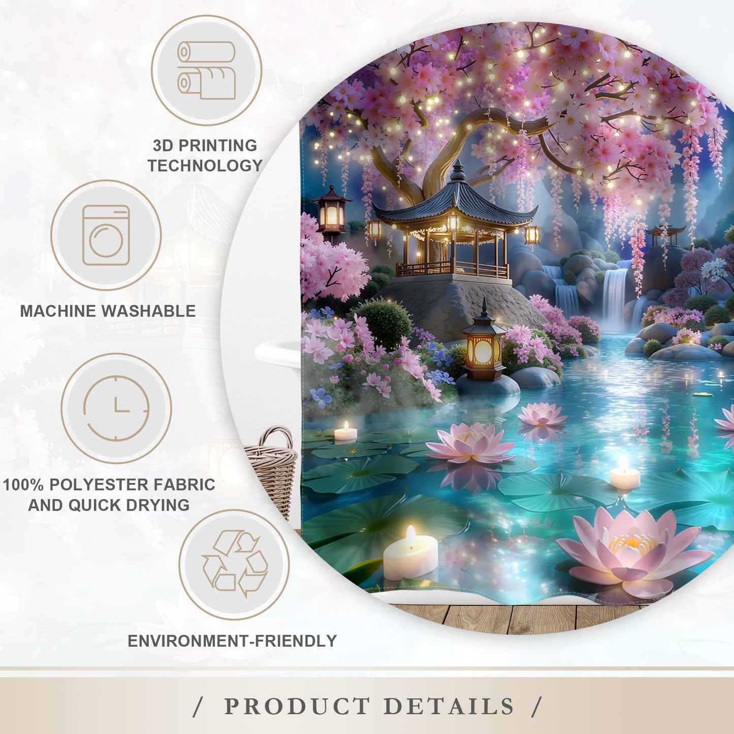 Glawry Japanese Shower Curtain 60Wx72L Inches Pink Floral Cherry Blossom Spring Night Nature Waterfall Lotus Asian Aesthetic Bathroom Accessories Art Home Decor Fabric 12 Hooks