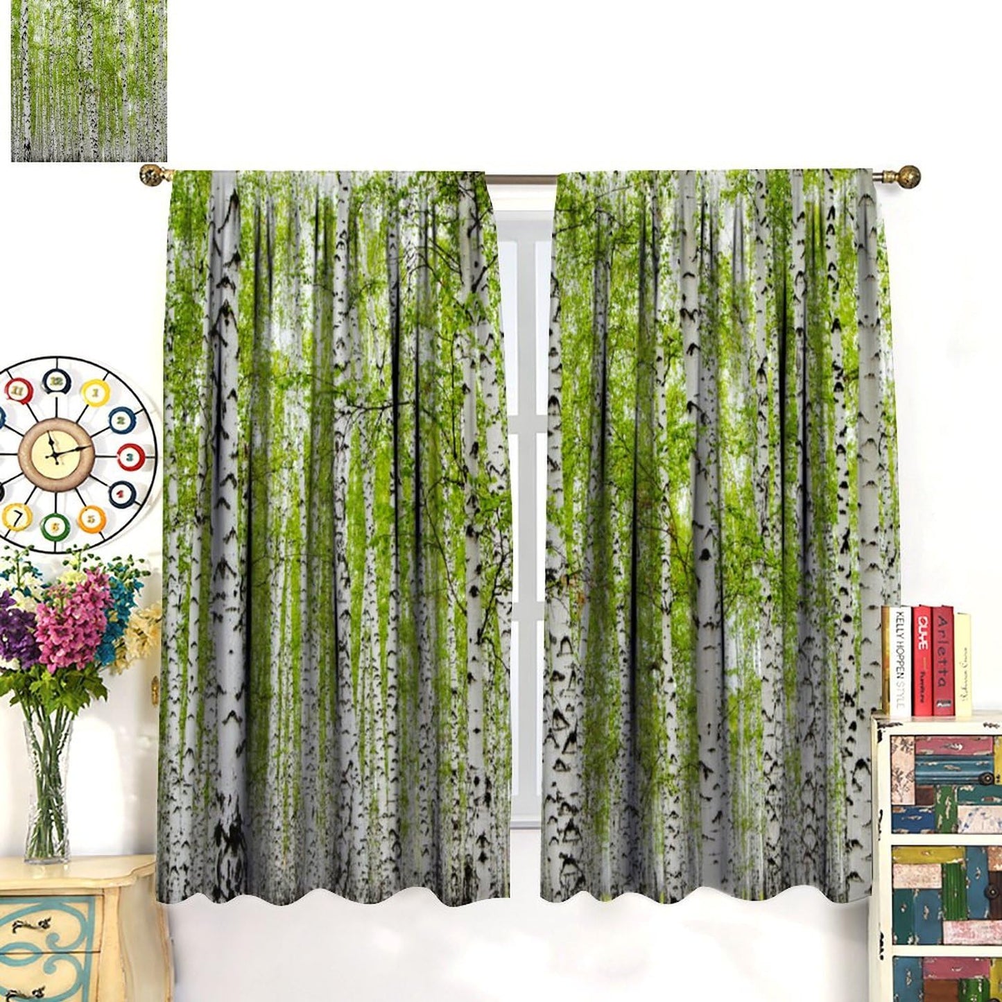 GoDazzling Rustic Farmhouse Birch Trees Curtains, Maple Leaves Forest Grove Wood Nature Spring Summer Scenery Window Drapes, for Living Room Bedroom 41" W X 45" L (No Blackout)