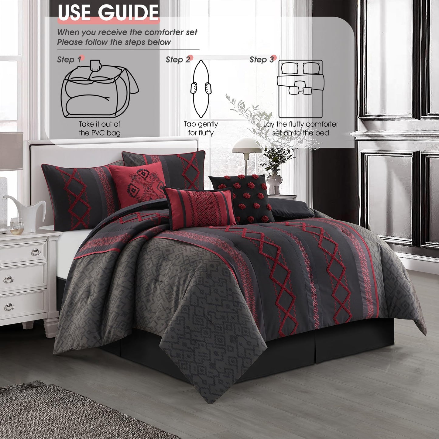 LANCO MODERN LIFESTYLE Black Red Queen Comforter Set, 7 Pieces All Season Bedding Sets in a Bag with Geometric Terry Embroidered Comforter, Bed Skirt, Pillow Shams and Decorative Pillows