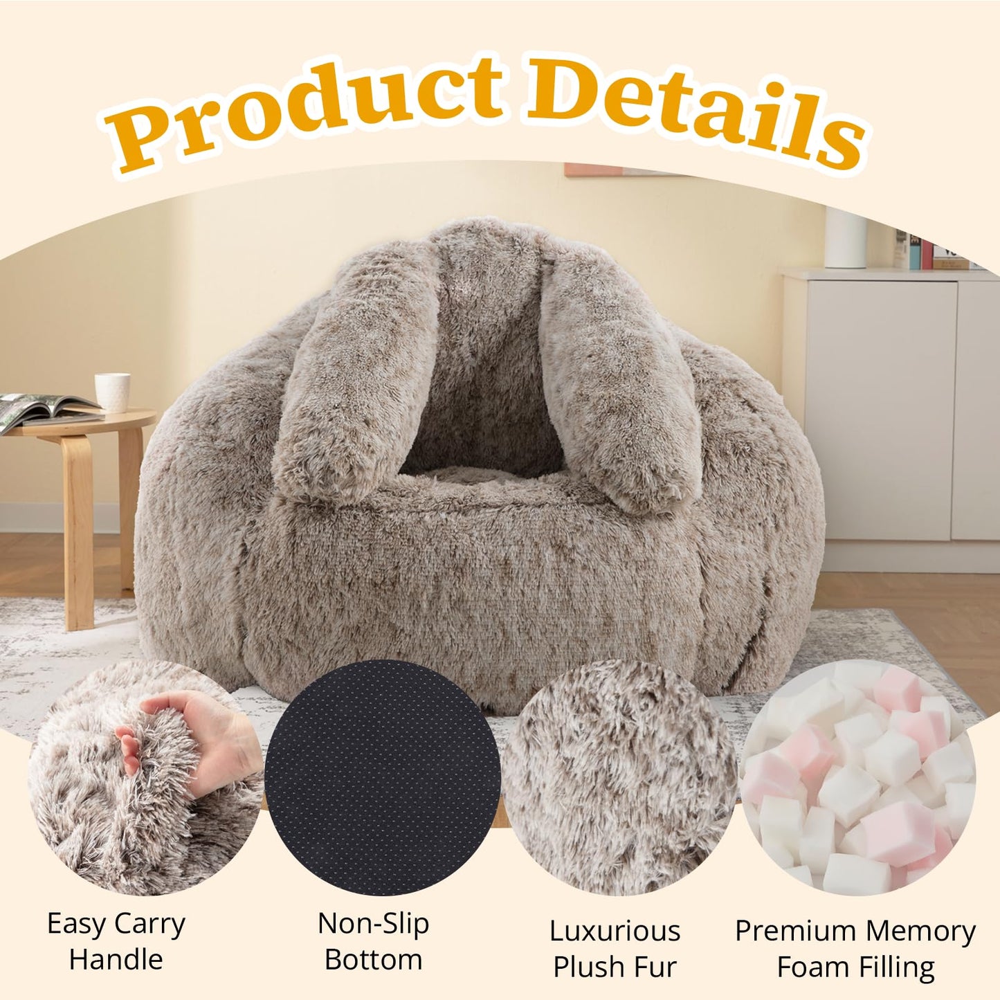 Achicsofar Bean Bag Chair for Adults Teens Giant Fluffy Plush Bean Bag Sofa with Filler Faux Fur Rabbit Shaped Beanbag Chairs Comfy Accent Floor Couch for Gaming, Reading in Bedroom, Living Room, Dorm