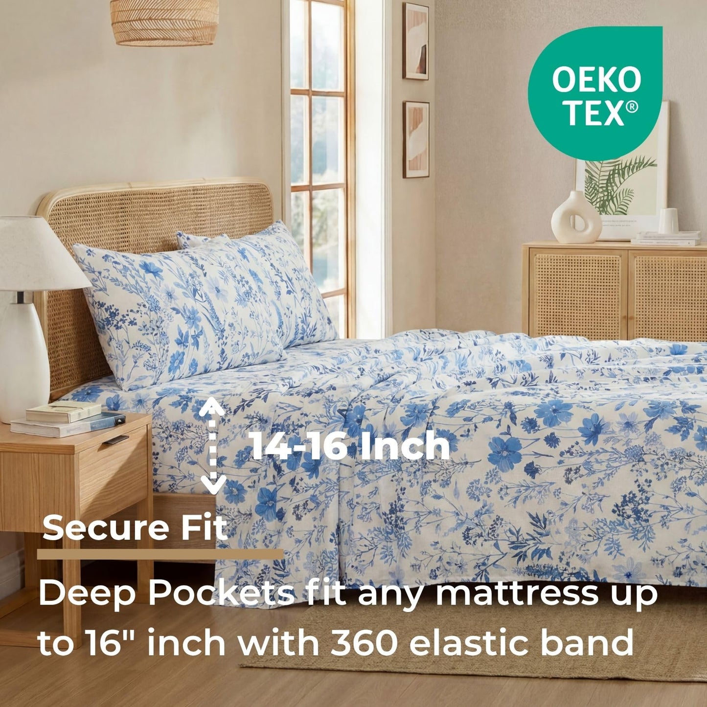 HLC.ME Blue Floral Bed Sheets - 4 Piece Bed Sheet Set - Wrinkle Resistant & Ultra Soft - Fits Mattresses up to 15 Inches Deep (Full)