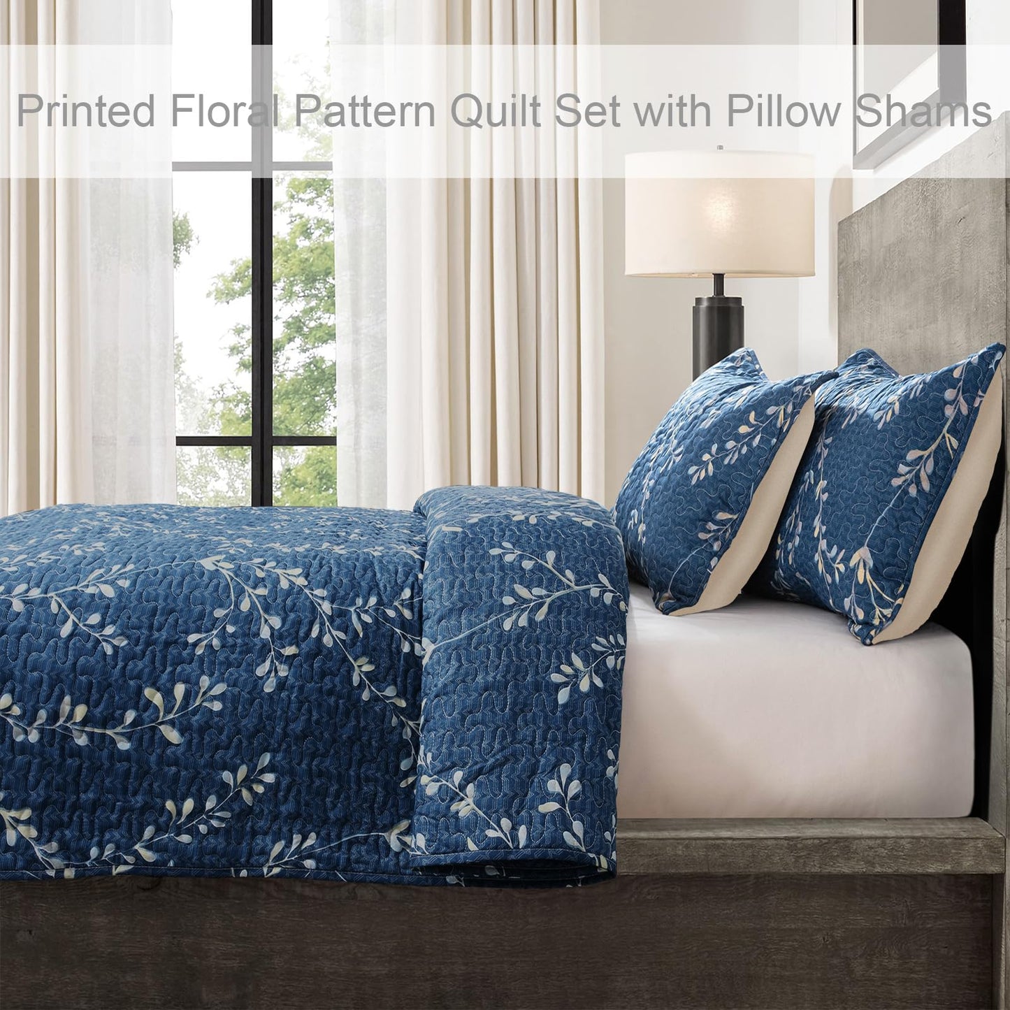 Exclusivo Mezcla Reversible Boho Quilts Queen Size, Navy Soft Bedspreads Lightweight Coverlet All Season Flowers Quilt Bedding Set with Printed Floral Pattern (1 Quilt, 2 Pillow Shams)