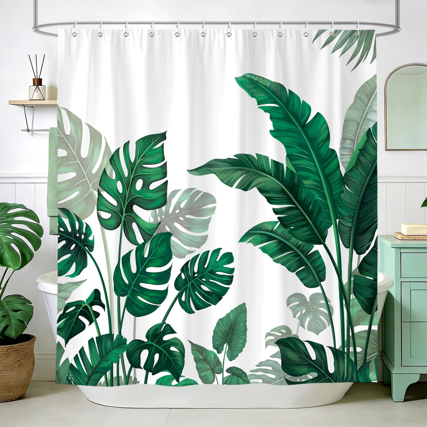 hometrixx Summer Tropical Plant Shower Curtain Dark Green Botanical Monstera Palm Tree Leaves Shower Curtains for Bathroom Bathtub Light Weight Washable Waterproof Fabric with 12 Hooks 72 X 72 Inch