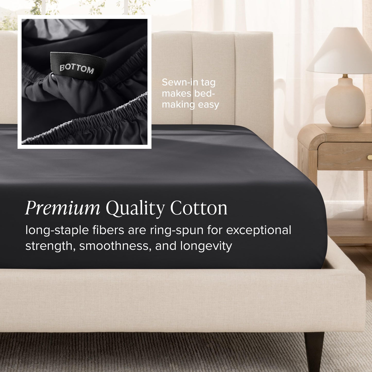 Bare Home 100% Organic Cotton Sateen Fitted Sheet - 400 Thread Count - Smooth Sateen Weave - Breathable & Cooling - Hotel Luxury - Durable Fitted Sheet - Deep Pocket (King, Black)
