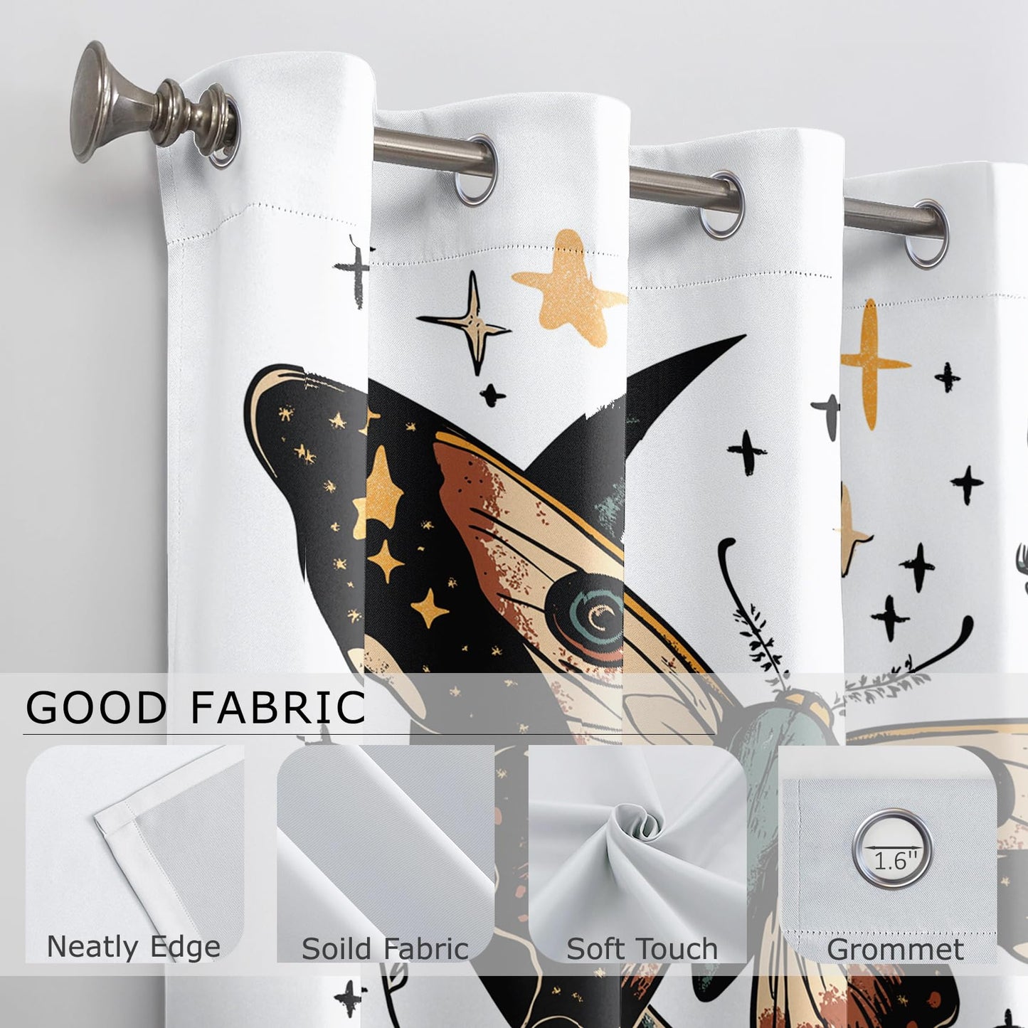 Moth Curtains 63 Inch Length, Moon Stars Bohemian Mysterious Witchy Blackout Curtains for Bedroom Living Room, Room Darkening Thermal Insulated Grommet Drapes, Patterned Window Treatments
