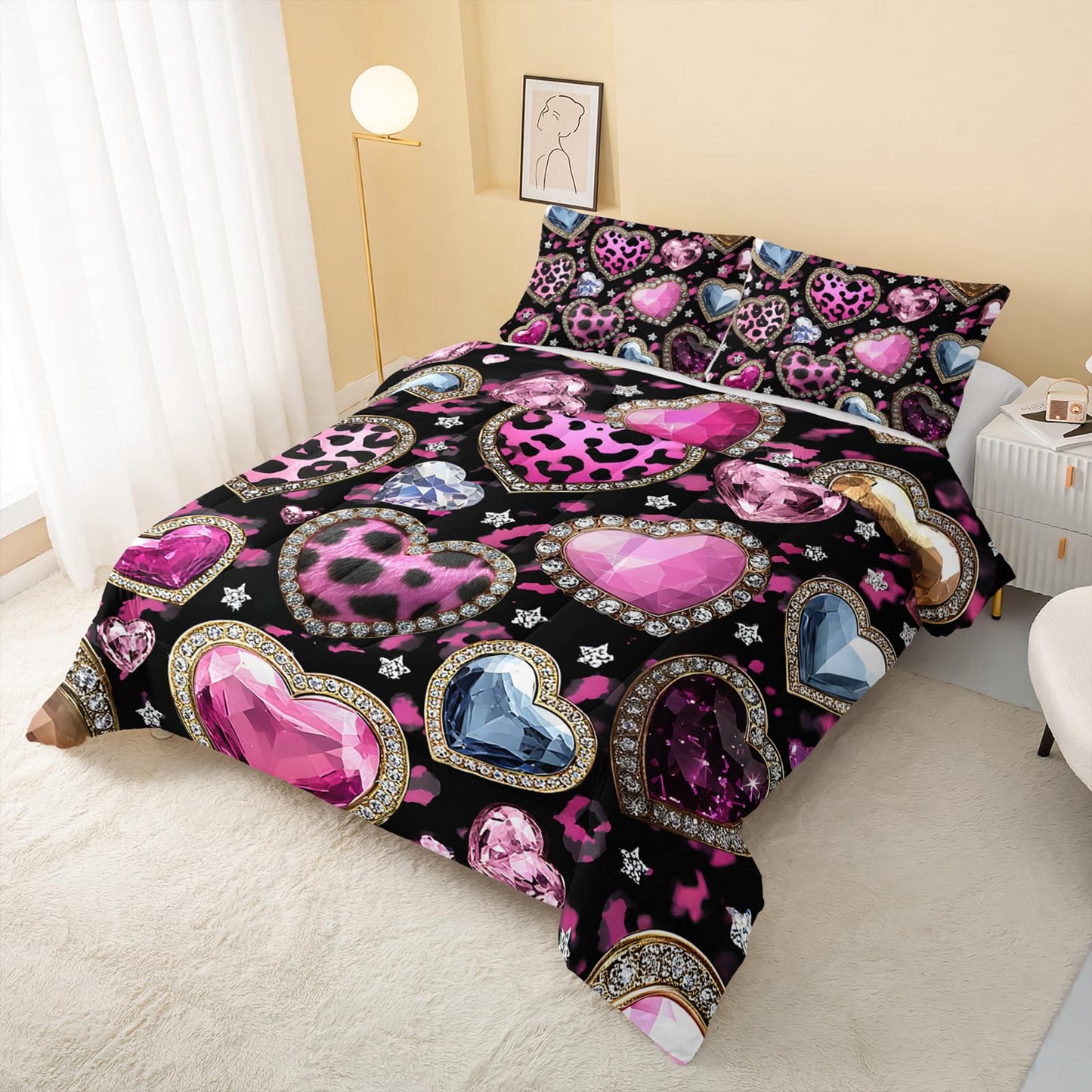 QOOMO Pink Heart Kids Full Comforter Set 3Pcs Leopard Love Heart Bedding Set for Girls Boys Crystal Diamond Printed Comforter with 2 Pillowcases Lightweight Microfiber for All Seasons