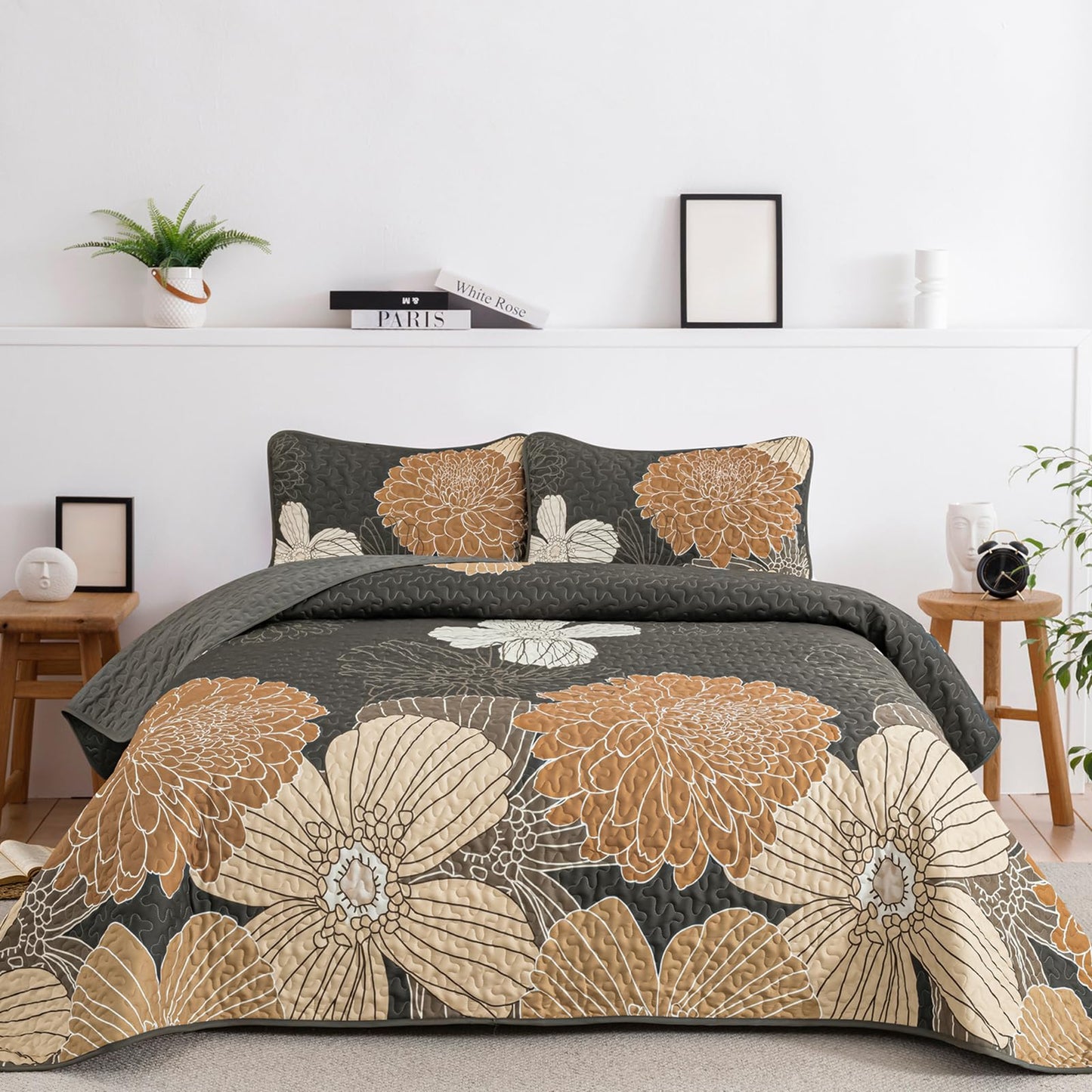 Anibedding 3 Pieces Floral Printed Quilts Set Queen Size, All Season Black Brown Lightweight Bedspread Sets with Shams for Bedroom