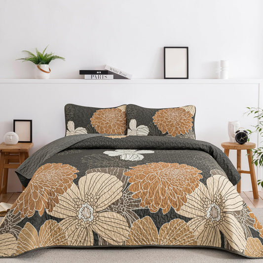 Anibedding 3 Pieces Floral Printed Quilts Set Queen Size, All Season Black Brown Lightweight Bedspread Sets with Shams for Bedroom