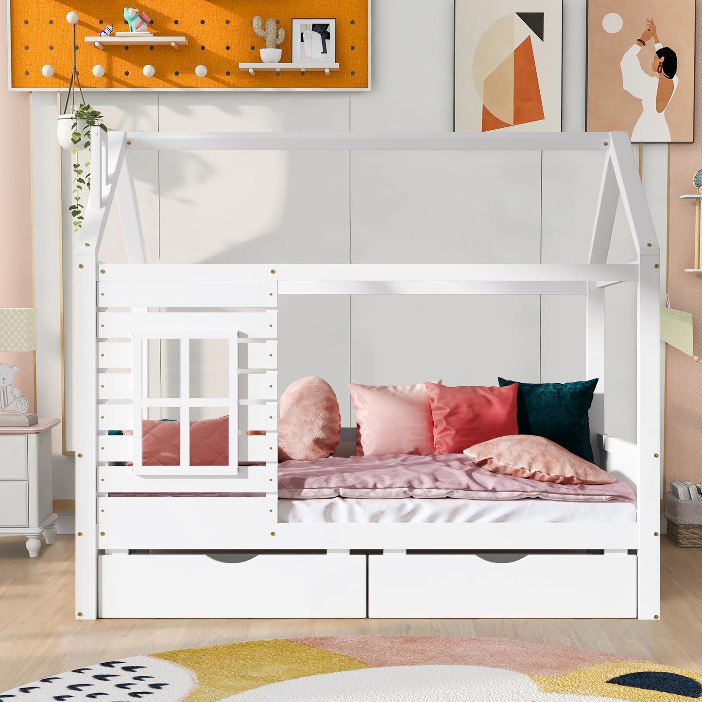 HUMEHA Full Size House Bed for Kids with 2 Storage Drawers, Full Playhouse Bed Frame with Roof and Window, Kids Full Size Bed Frames with Slats, Modern Wooden Montessori Bed for Bedroom, Full-White
