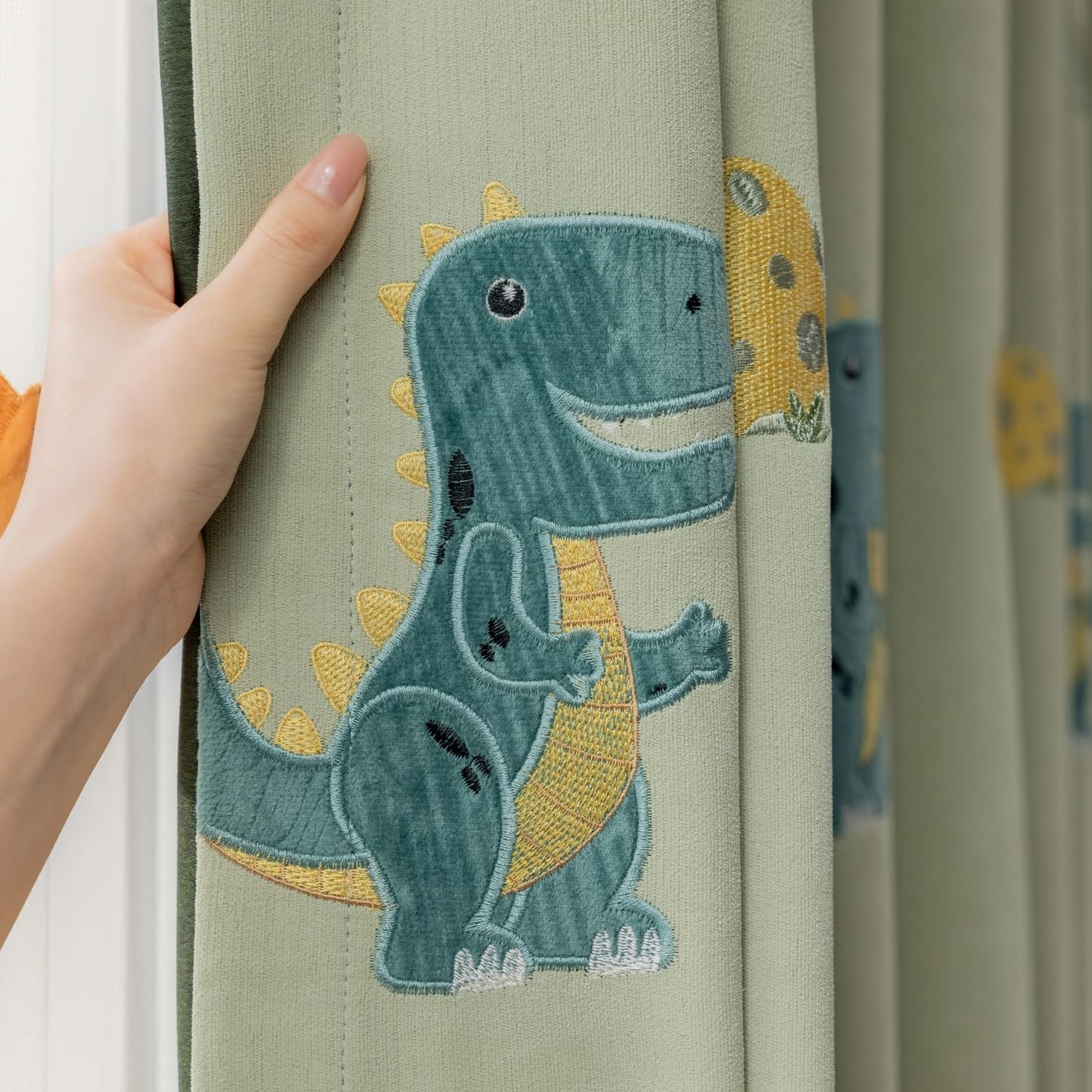 KMSG Cartoon Dinosaur Kids Curtains with Blackout Liner Embroidery Nursery Curtains for Children Boys Baby Bedroom Living Room Grommet Top Room Darkening Window Drapes 1 Panel (Green,W52 x L84 Inch)