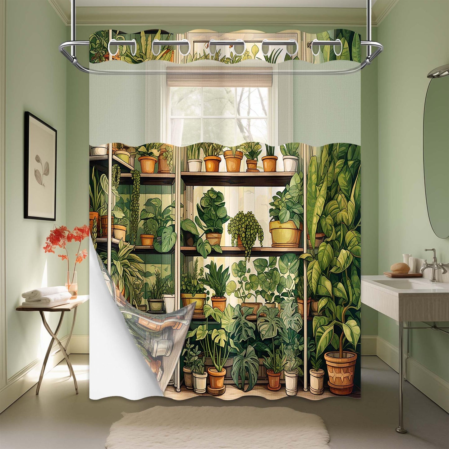 Plant Hookless Shower Curtain with Snap in Liner, 71" W X 74" L