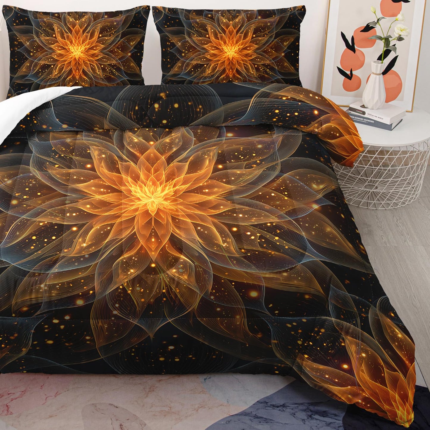 AILONEN Gold Lotus Queen Size Comforter Set - Boho Mandala Floral Duvet with 2 Pillowcases - 3Pcs Exotic Flowers Printed Black Bedding Set for Boys Girls