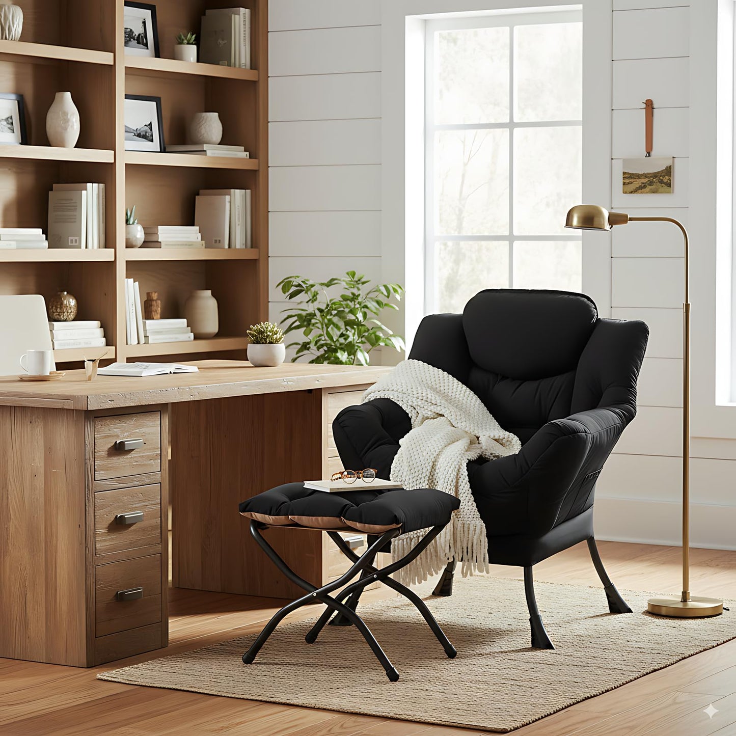 LITA Lazy Chair with Ottoman, Modern Accent Leisure Upholstered Sofa Chair, Contemporary Lounge Reading Chairs with Armrests and a Side Pocket for Living Room, Bedroom & Small Space, Black