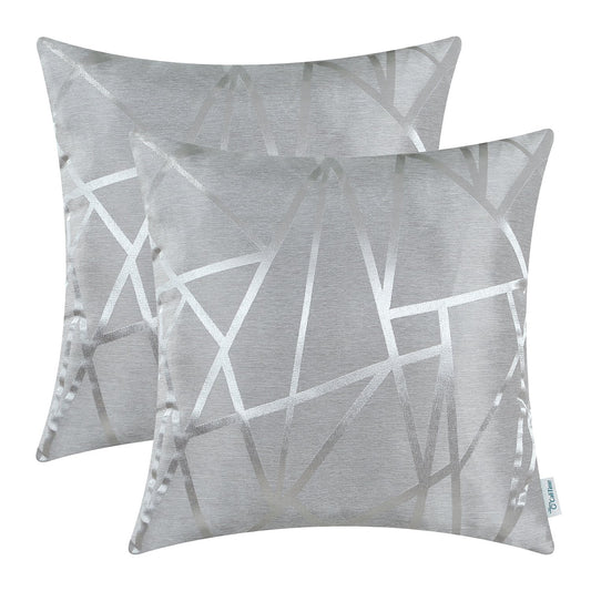 CaliTime Pack of 2 Throw Pillow Covers Cases for Couch Sofa Home Decor Modern Shining & Dull Contrast Triangles Abstract Lines Geometric 18 X 18 Inches Silver Gray