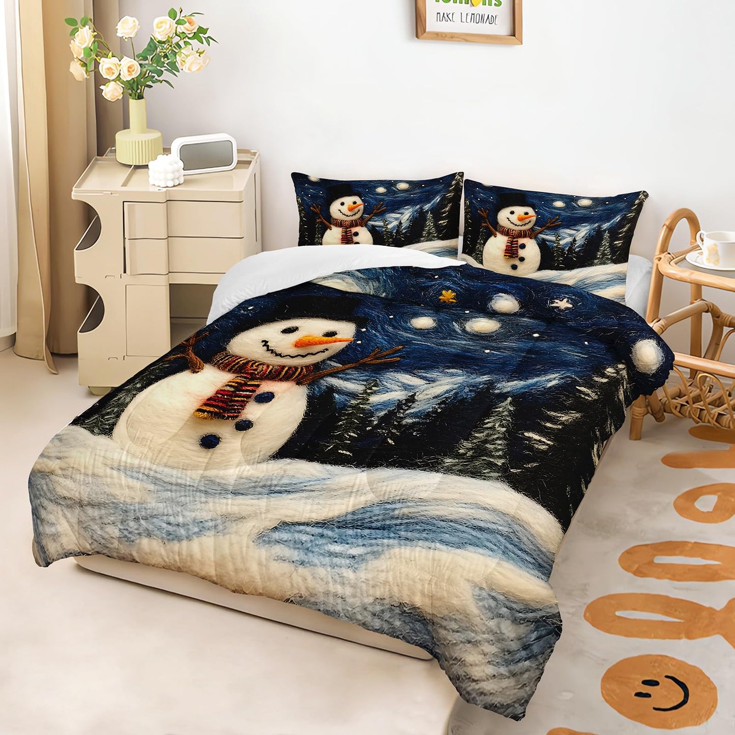 XYNHML Cartoon White Snowman Theme Comforter 3Pcs Twin Starry Sky Night Cedar Snowfield Bedding Set for Kid Teen Girl Boy Teen Adult Moon Star Snowflake Quilt Bed Decor with 1 Comforter+2 Pillowcases