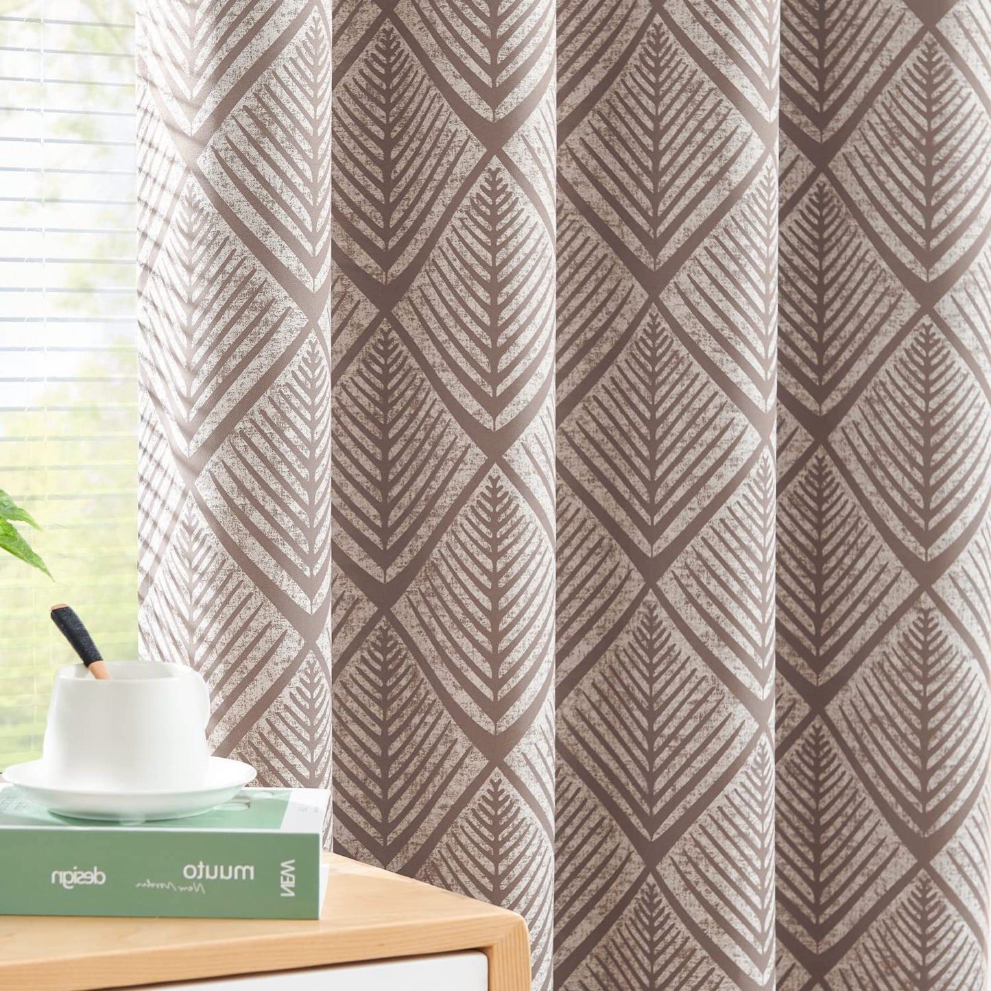 jinchan 80% Blackout Curtains for Living Room, Geometric Patterns Drapes for Bedroom, Window Treatments for Room Darkening, Grommet Top Thermal Insulated Curtains 84 inch Length 2 Panels Set, Brown