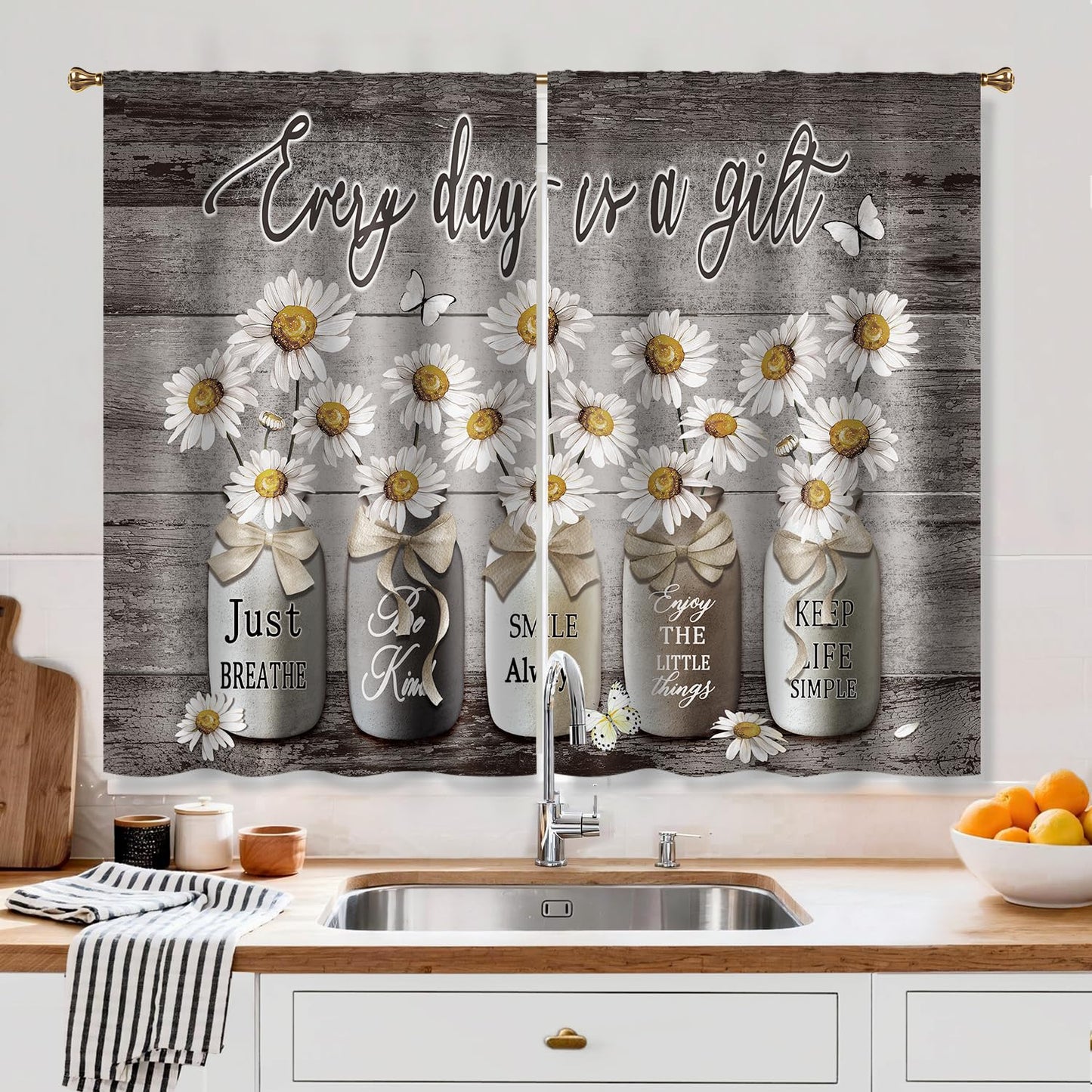 Cizuug Farmhouse Daisy Kitchen CurtainsRustic Vintage Flower Inspirational Small Short Cafe Window Curtains Wooden Country Quotes Bathroom Tier Window Treatment Drapes 2 Panels