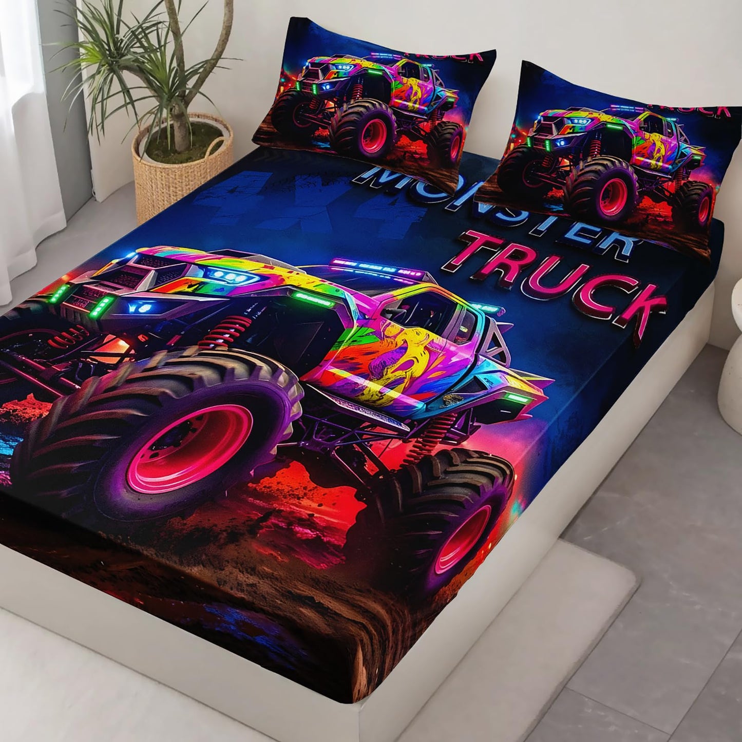 AILONEN Monster Truck Fitted Sheet Set Twin Size, Cartoon Car Bedding Set for Kids,Teens,Adults,3D Print Giant Pickup Truck Bedsheets Set for All Season,3-Pieces,1 Sheet Set with 2 Pillowcases,Soft