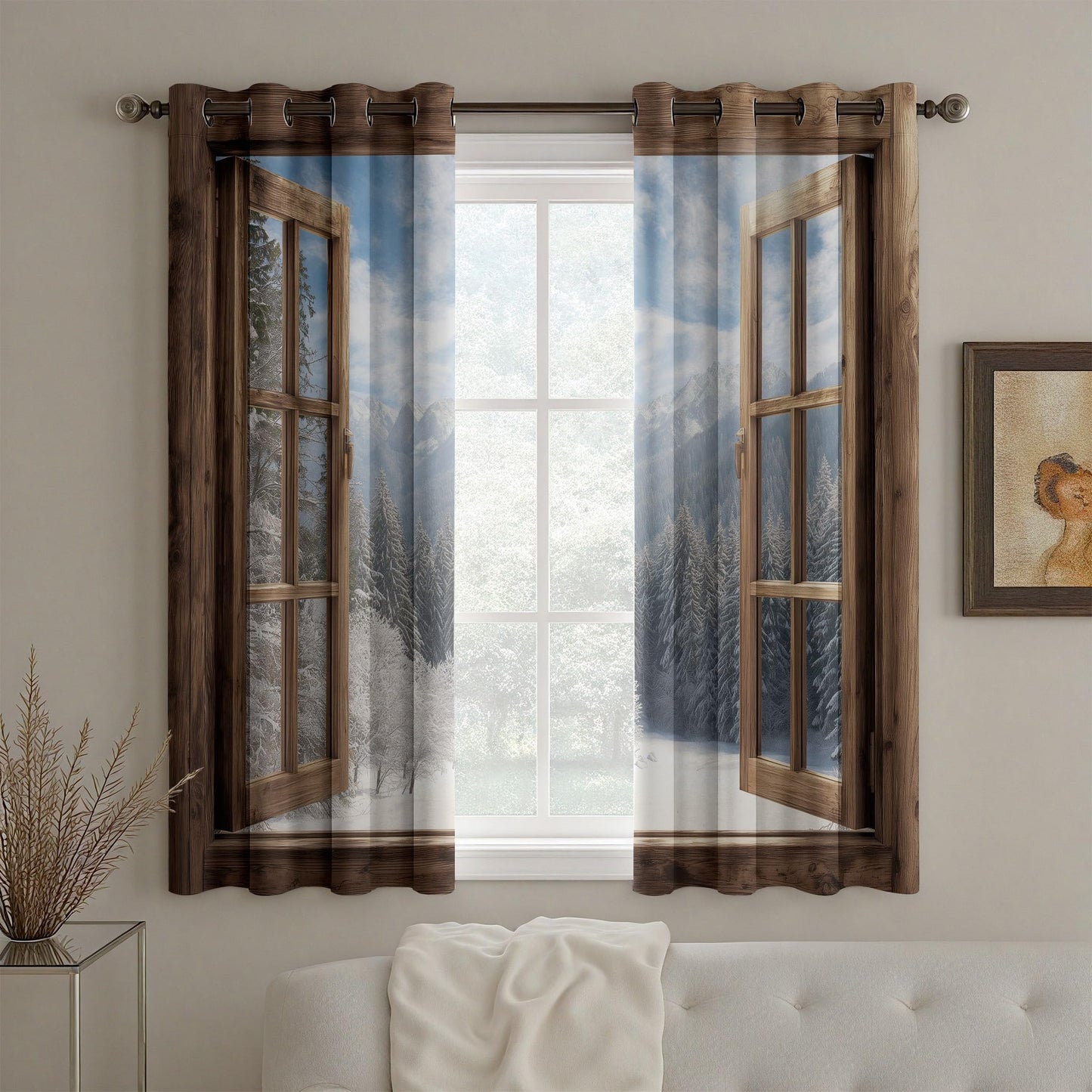 Rufxnn Faux Wooden Window Curtains For Living Room, Forest Snow Scene Drapes 84 Inch Length 2 Panels Set, 3d Nature Landscape Curtains Blackout Grommet Thermal Insulated Drapes For Bedroom Office Dorm