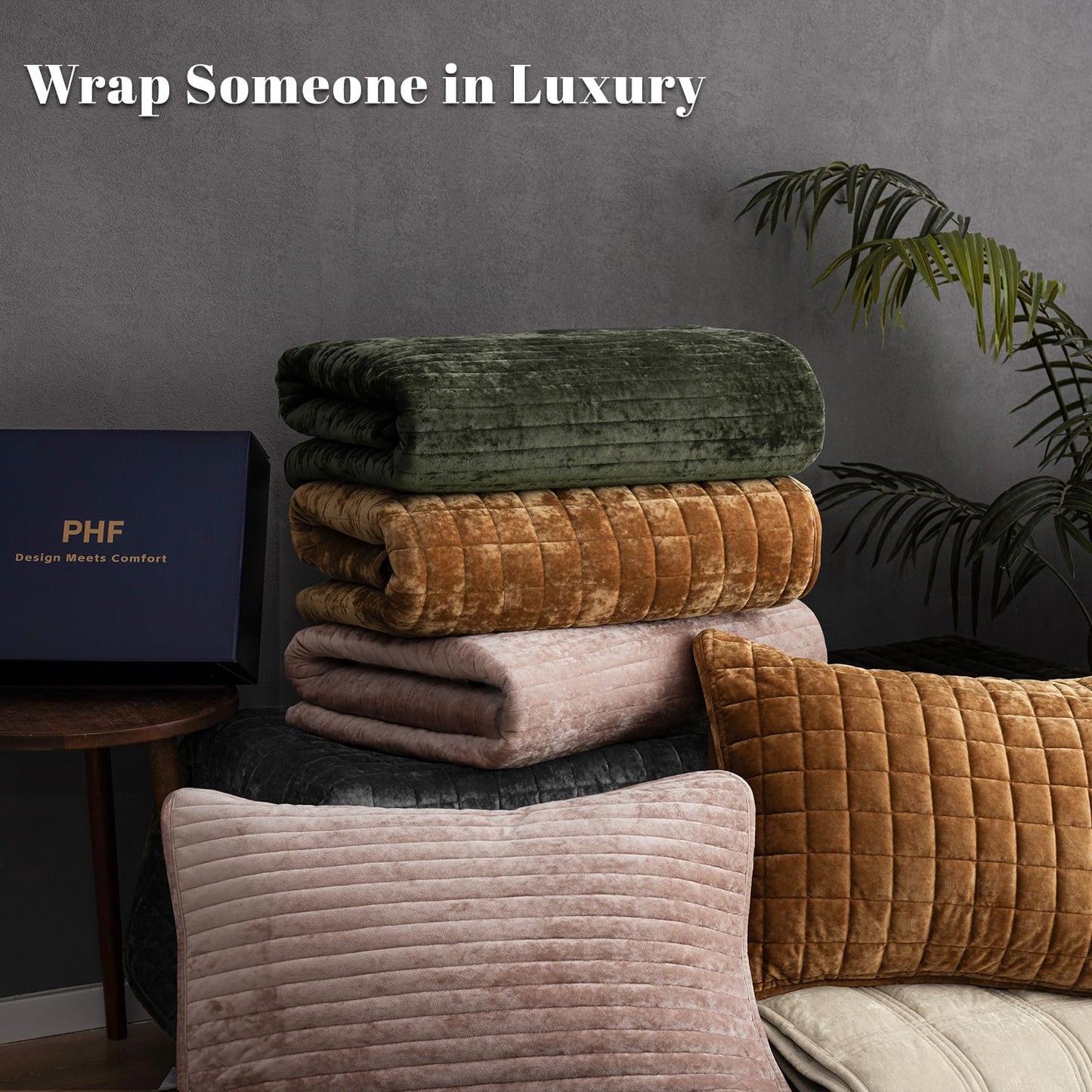 PHF Luxurious Velvet Quilt Set Queen Size – 3PCS Super Soft Quilted Comforter Alternative with Square-Box Quilt Pattern, Warm Quilted Bedspread Coverlet, 90" x 92", Oxford Tan
