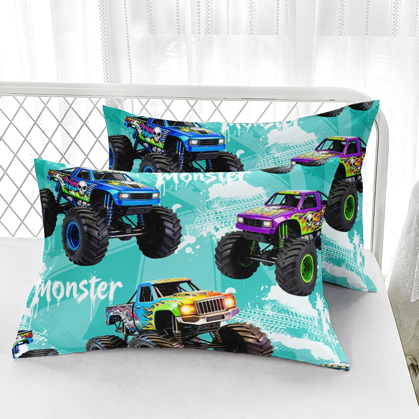 AILONEN Teal Graffiti Monster Truck Twin Fitted Sheet Set 3 Piece,Skull Flame Racing Bedding with 2 Pillowcases,Off Road Vehicle Linens for Boys Kids,16 Inch Deep Pocket Microfiber