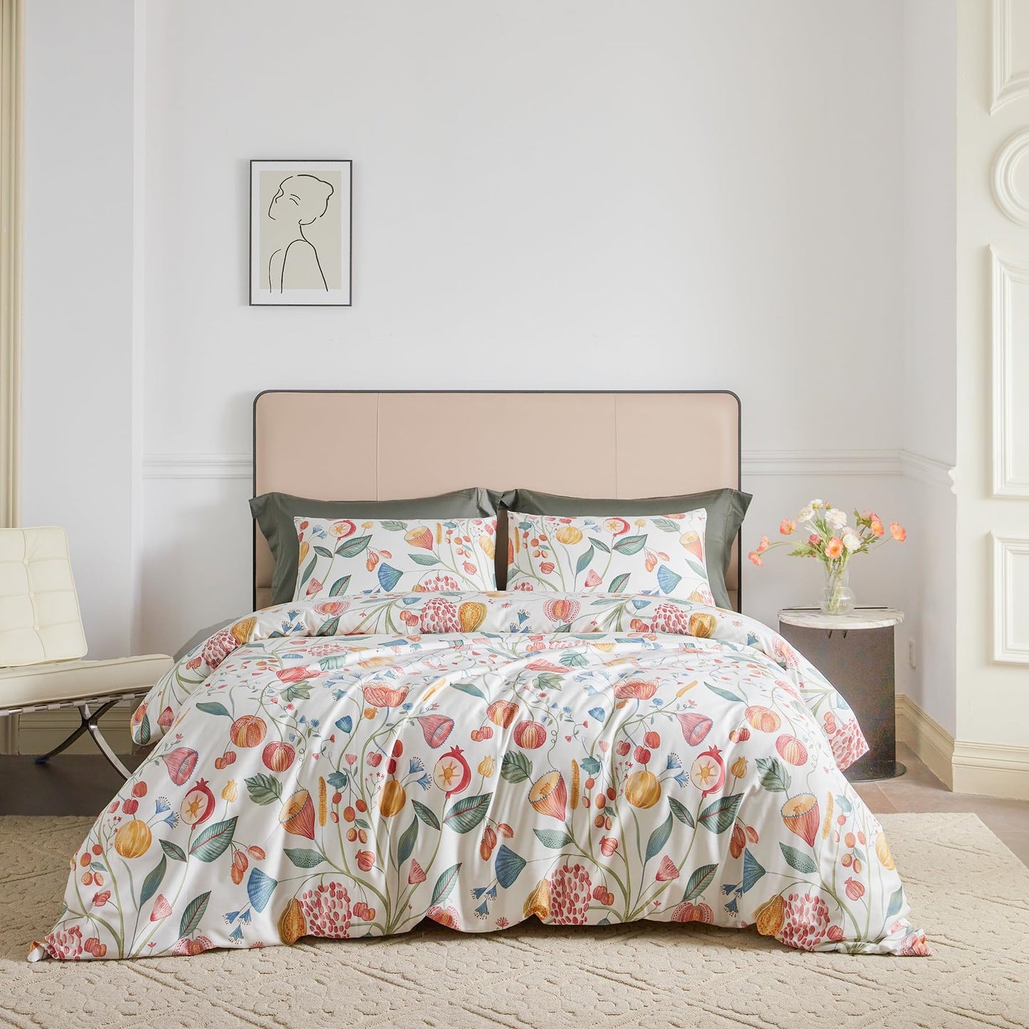 YuHeGuoJi Floral Duvet Cover King 100% Egyptian Cotton 3 Pcs Set 1 Red Botanical Flower Duvet Cover with Zipper Ties 2 Pillowcases Harvest Fruit Tomoato Pumpkin Print Bedding Set Soft