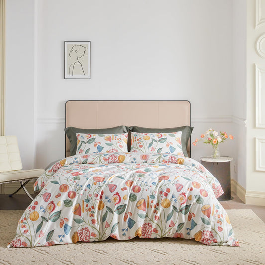 YuHeGuoJi Floral Duvet Cover King 100% Egyptian Cotton 3 Pcs Set 1 Red Botanical Flower Duvet Cover with Zipper Ties 2 Pillowcases Harvest Fruit Tomoato Pumpkin Print Bedding Set Soft