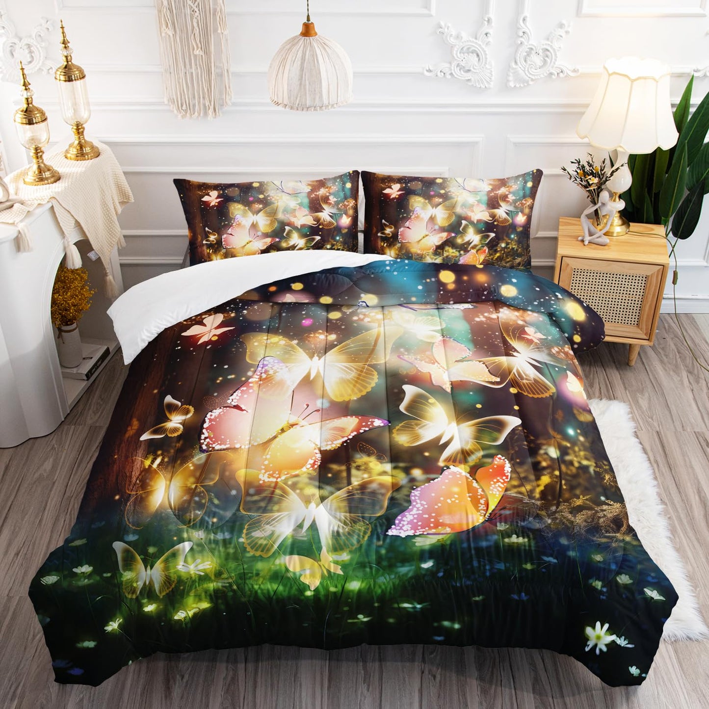 AILONEN Butterfly Comforter Set Queen Size, Fairy Tales Forest Beautiful Princess Girls Bedding Set, 3 Pieces Soft Lightweight Quilt with 2 Pillowcases