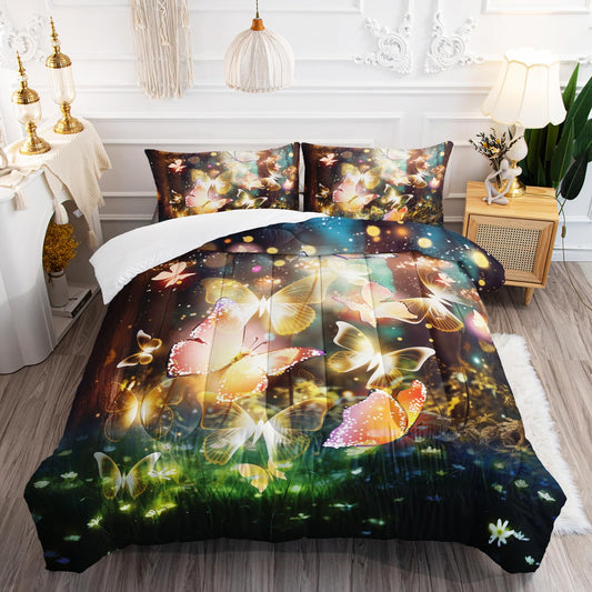AILONEN Butterfly Comforter Set Queen Size, Fairy Tales Forest Beautiful Princess Girls Bedding Set, 3 Pieces Soft Lightweight Quilt with 2 Pillowcases