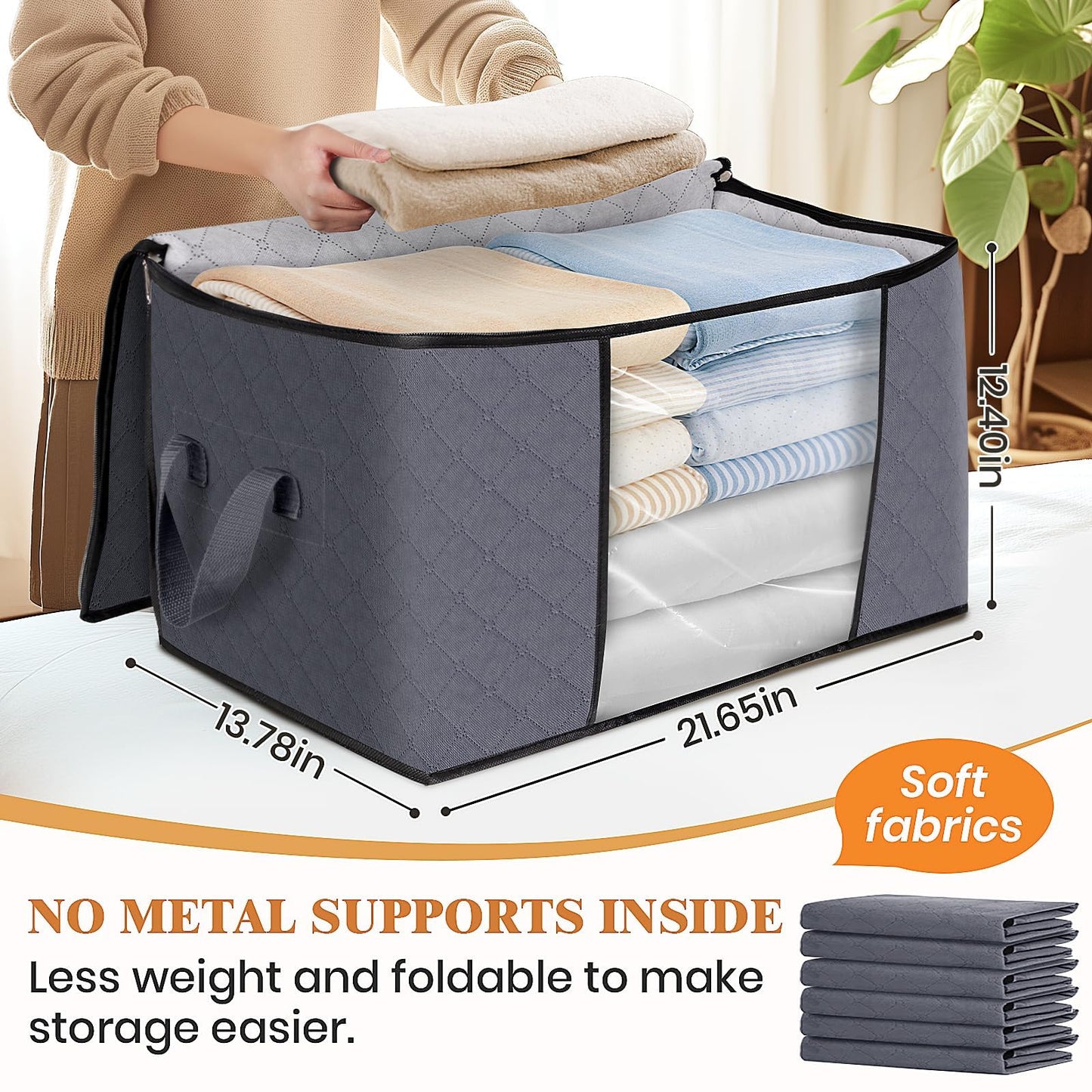 Fab totes 6 Pack Storage Bags for Clothes and Blanket, Foldable Closet Organizers and Storage with Zippers, Clear Window and Handles, Fabric Storage Bins for Sweater, Comforter, Bedding,Linen Sheets