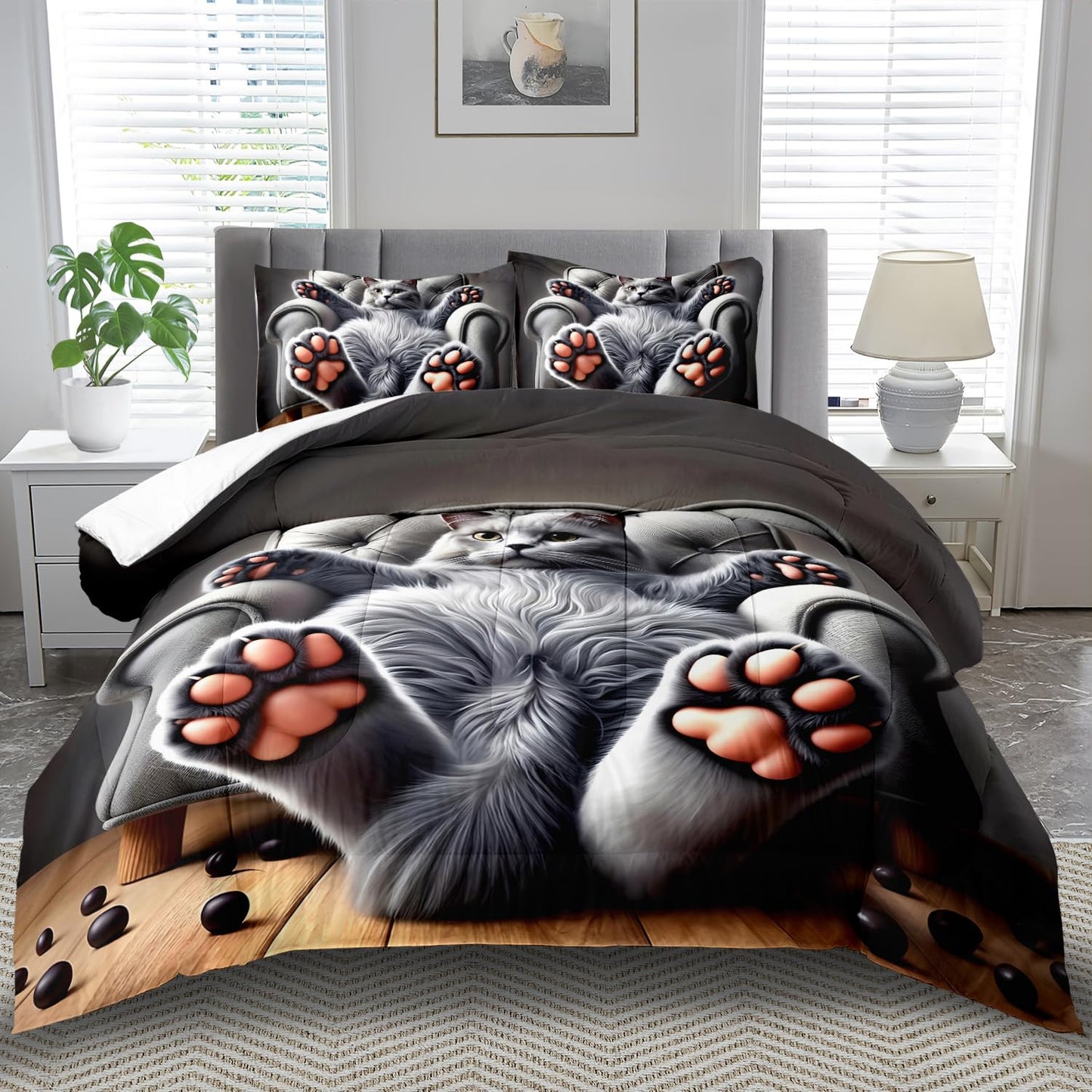 llyxsesty Cute Cat Comforter Set Queen,Grey Kawaii Cat Bedding Set Adult,Cute Animal Comforter for Boy,American Shorthair Bedding Grey,Kawaii Animal Print Quilt Bedroom Decor Kids