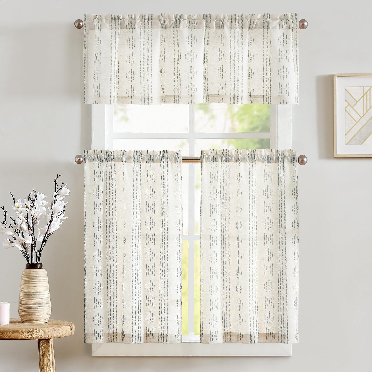 JINCHAN Boho Gray Stripe Kitchen Curtains and Valance Set Linen Tier Curtains Bohemian Small Window Drapes 36 Inch for Cafe Living Room Bathroom Window Treatments Rod Pocket 3 Pieces Set Grey on Beige