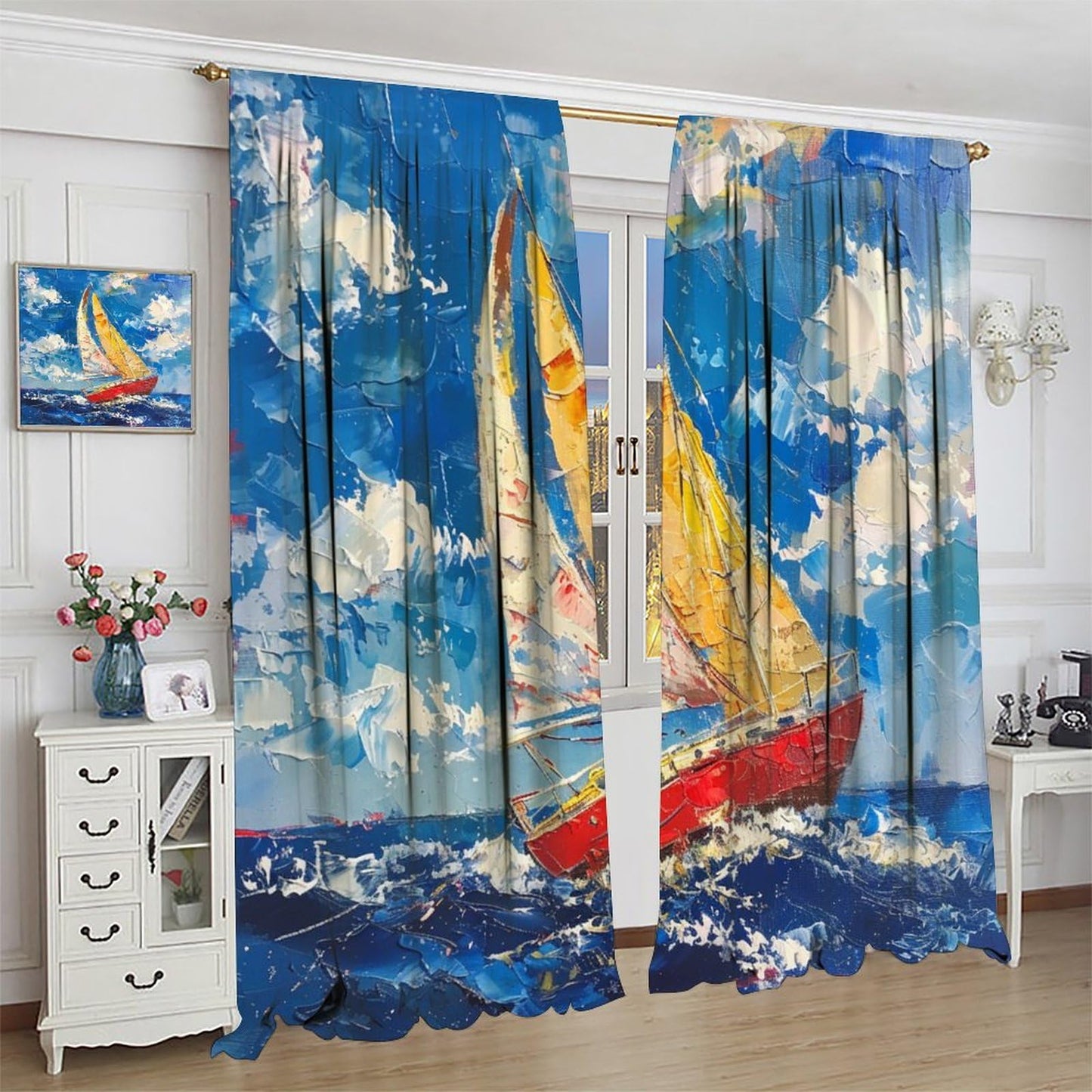 TOWINSFB Beautiful Sailboat Blackout Curtains for Bedroom Living Room, Nautical Ship Blue Sky Seaside Scenery Thermal Insulated Room Darkening Curtain- 2 Panels, Each 21" W x 63" L