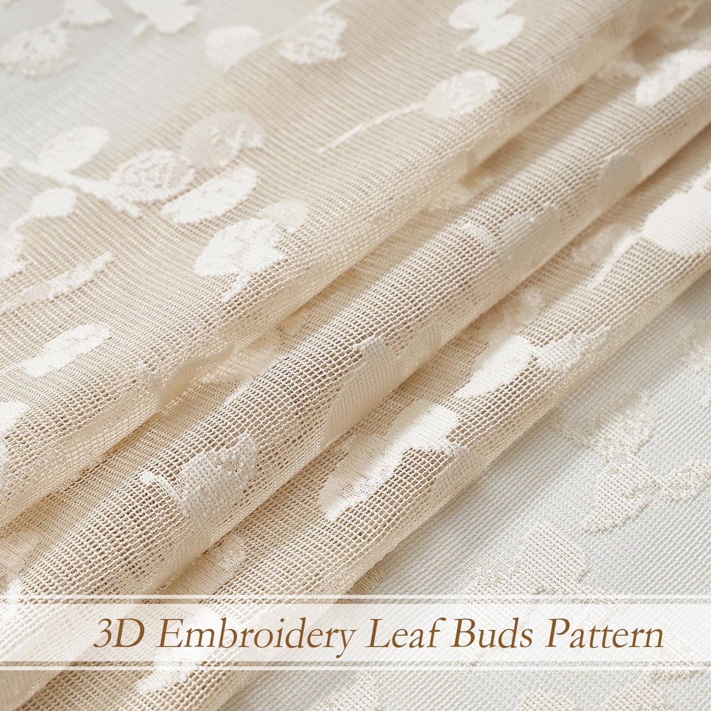 Jubilantex Beige Lace Sheer Curtains Embroidered Leaf Buds 63 Inches Long for Bedroom Textured Knitted Light Filtering Window Treatment Beige,52" W