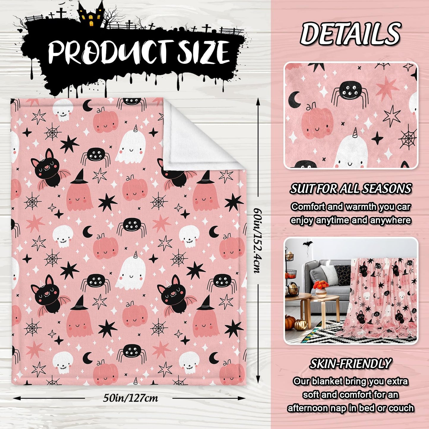JarThenaAMCS Halloween Fuzzy Blanket Pink Cute Pumpkin Ghost Bat Throw Blanket Halloween Cartoon Soft Cozy Flannel Blankets for Home Party Bed Sofa Couch, 50 x 60 Inch