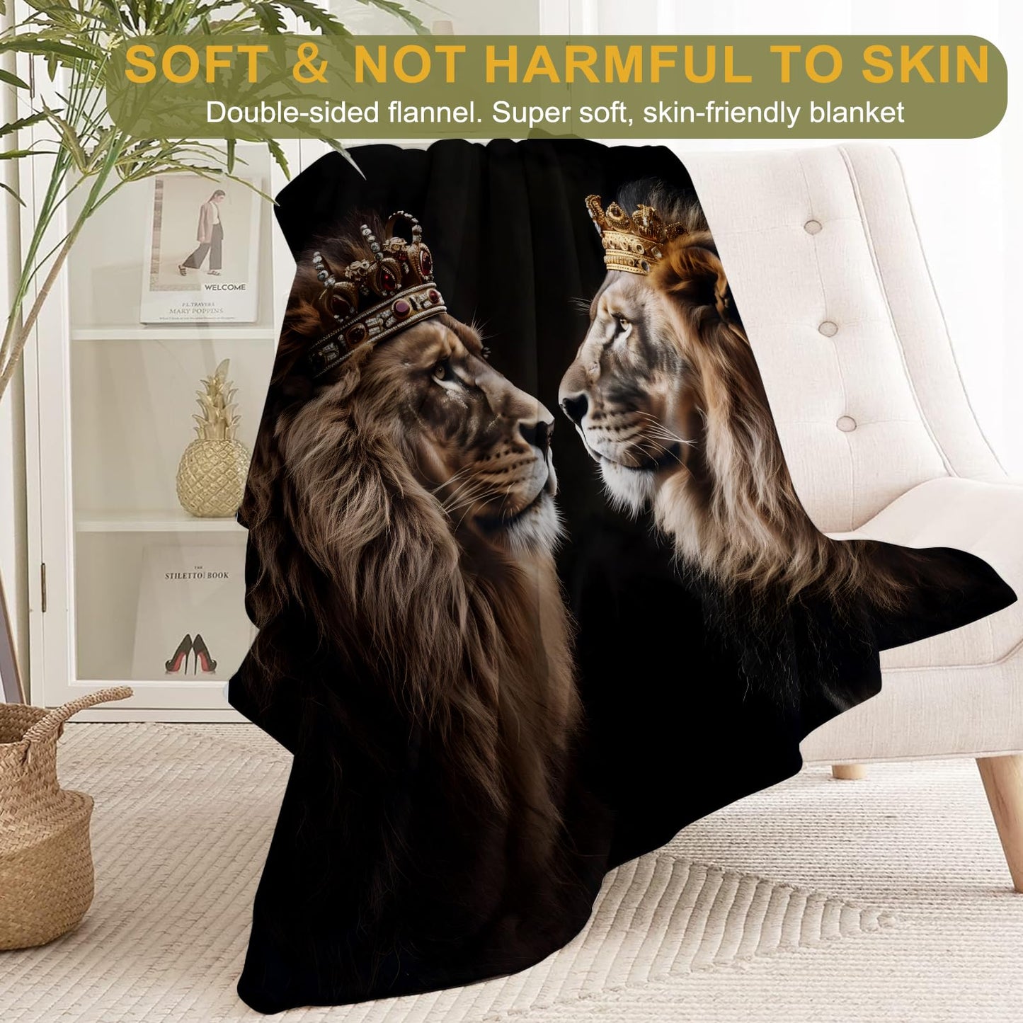 ainori Royal Lion Fleece Blanket - Lightweight Soft Cozy Gifts Throw for Animal Lovers,Kids,Women,Men,Cool Crown Majestic Black Blankets,Home Room Modern Art Decor 50x60in