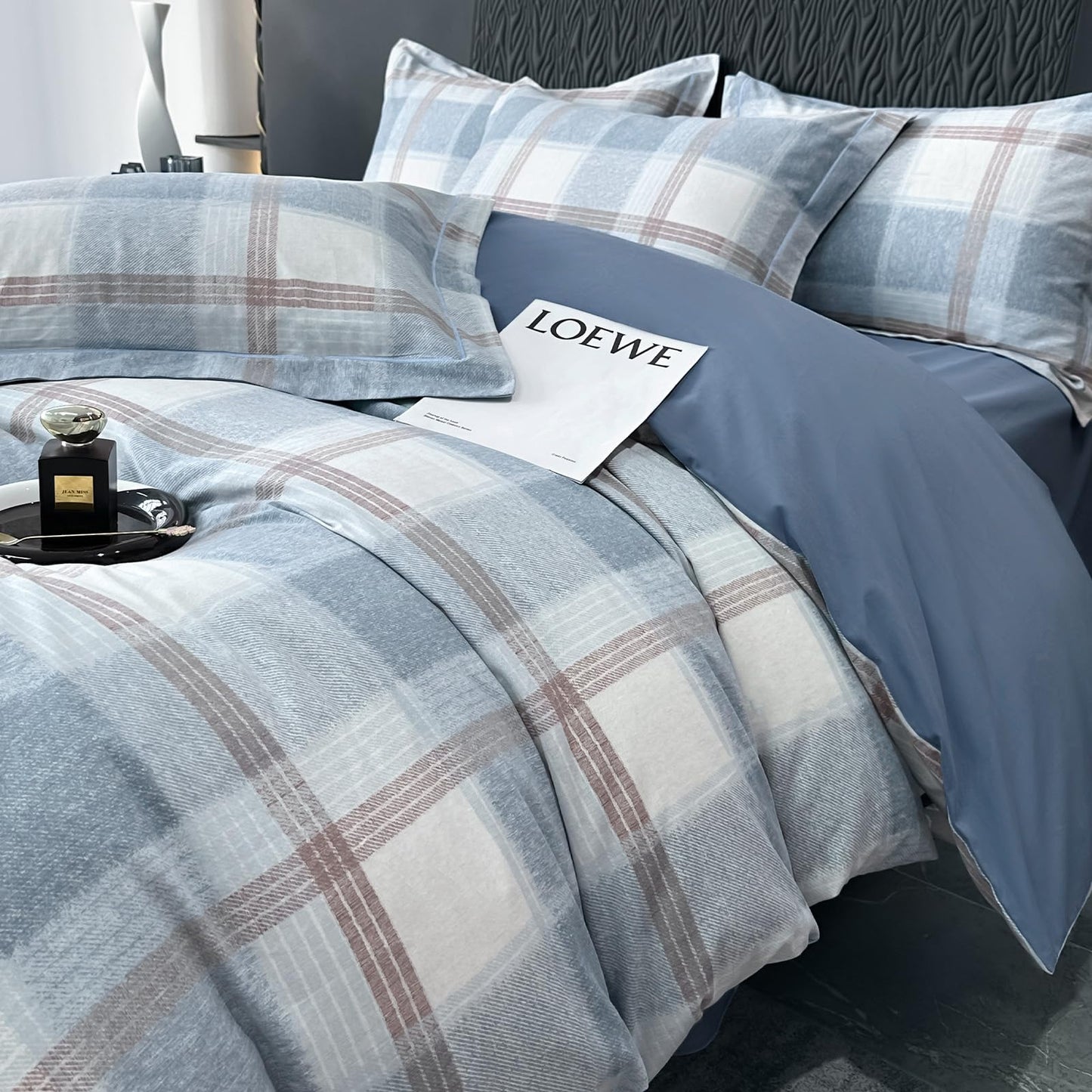 VM VOUGEMARKET Blue Plaid Duvet Cover Queen,3 Pieces Soft Brushed Cotton Duvet Cover Set,Simple Modern Teen Boys Gingham Bedding Set Without Comforter-90x90 Inch