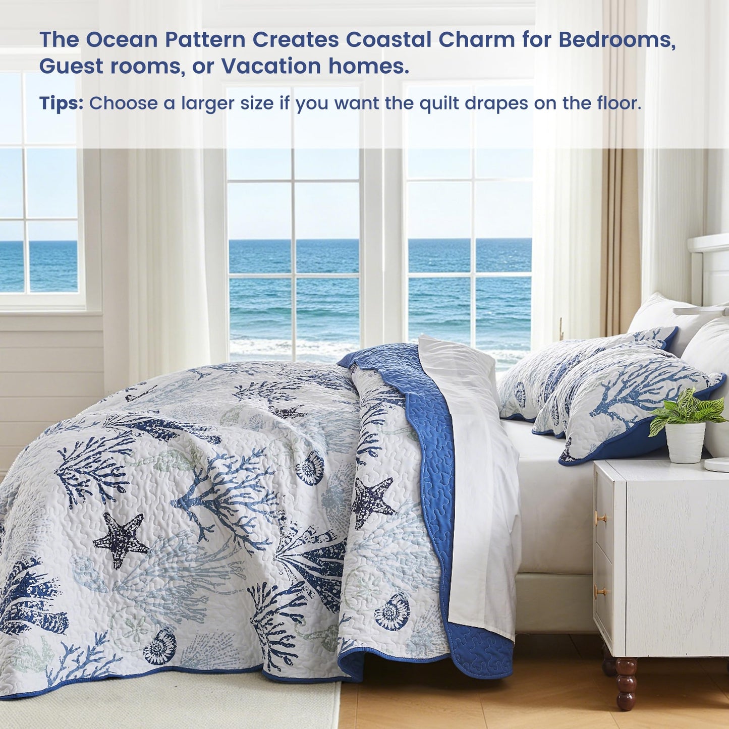 Qucover Coastal Quilt Sets King Size 106x98in, Reversible Microfiber Quilts with 2 Shams Soft Lightweight Beach Bedding Bedspread Coverlet Summer Comforter Set for All Season, Navy Blue