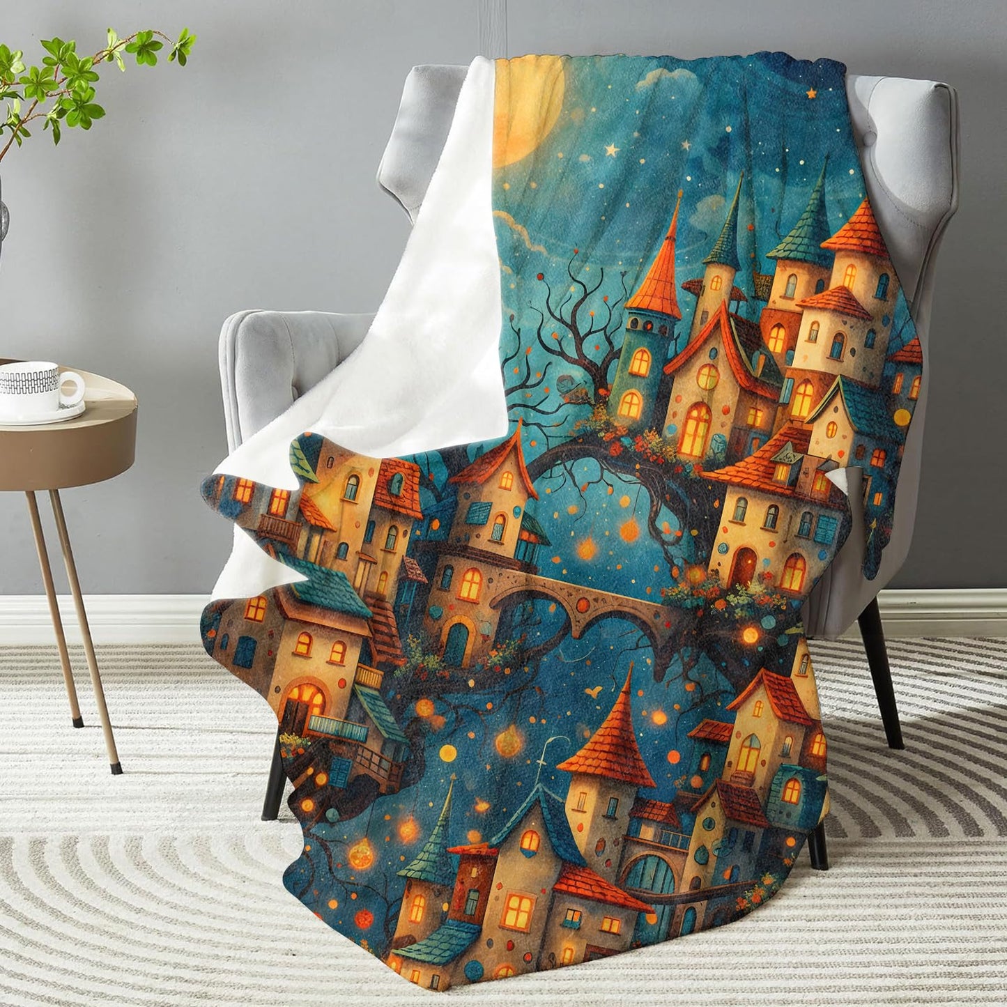dhakalrlde Fantasy Moonlight Castle Blanket, Soft Magical Tree Village Night Sky Throw Fairy Tale Blanket Gifts for Women Girls, Lightweight Warm Cozy 60×50 inch Flannel for Couch, Travel, Bed, Decor