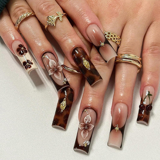 Long Square Press on Nails Brown Fake Nails French Tip Glue on Nails with 3D Flower, Cherry, Gold Charms Designs Full Cover Glossy False Nail Press ons Stick on Nail for Women Manicure 24Pcs