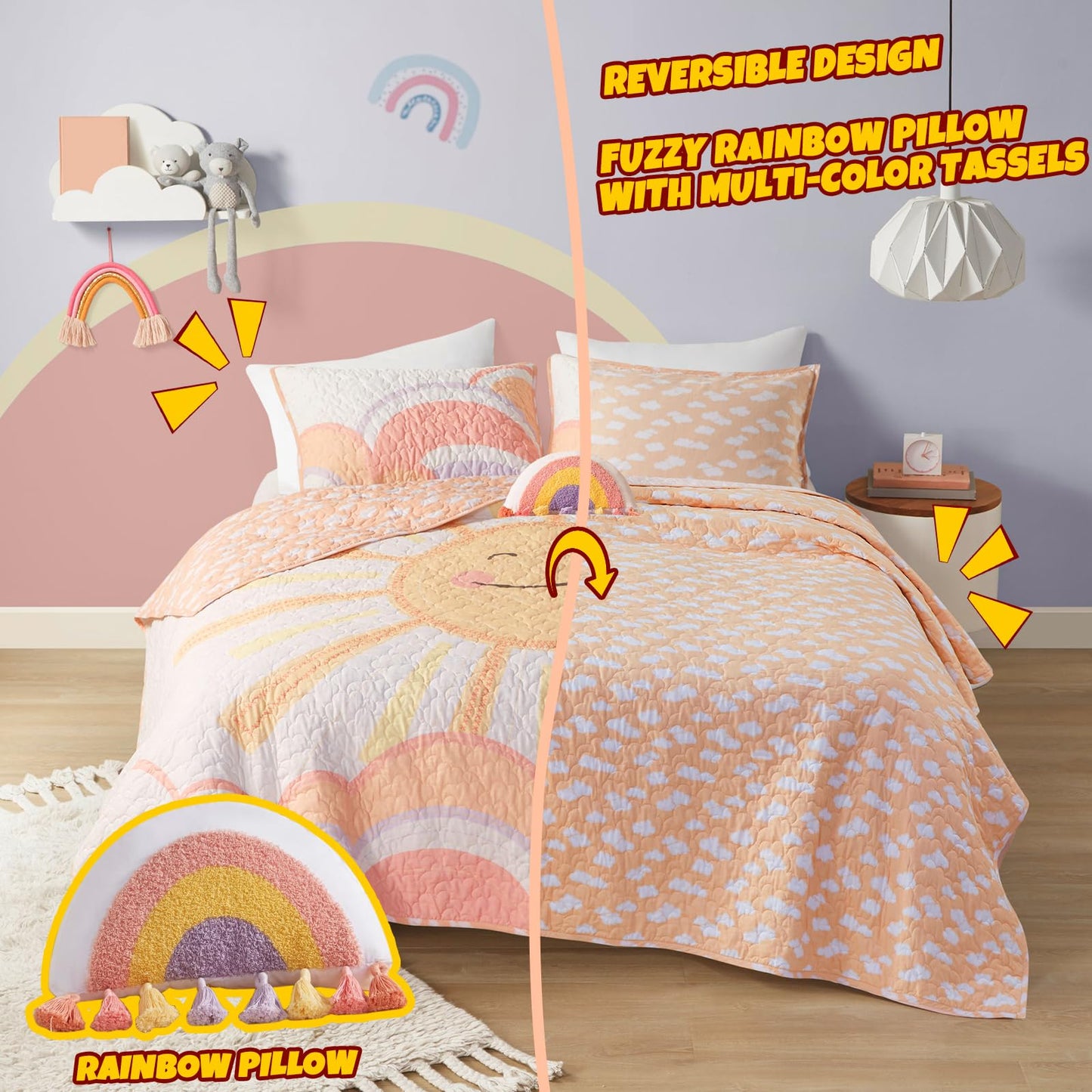 Intelligent Design Kids Queen Bedding Set Cotton Sun Full Size Quilt Sets for Girls Rainbow & Clouds Reversible Queen Coverlet Dawn Light & Breathable Sham Throw Pillow Full/Queen Yellow/Coral 4 Piece