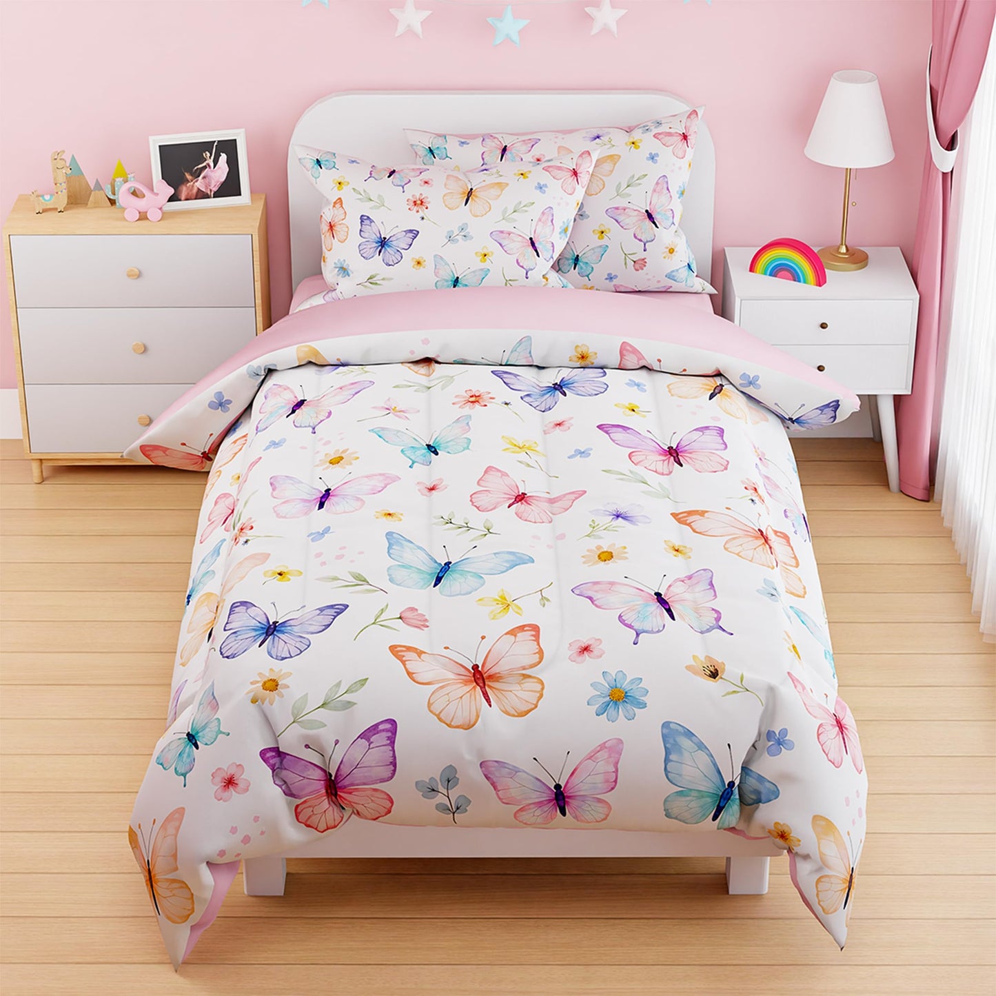SANDJEST Butterfly Duvet Cover Sets Full Size for Kids Girls, Incude 1 Polyester Comforter Cover 80x90 Inches and 2 Pillowcases 20x26 Inches, Comforter Not Included, Gift for Christmas Birthday
