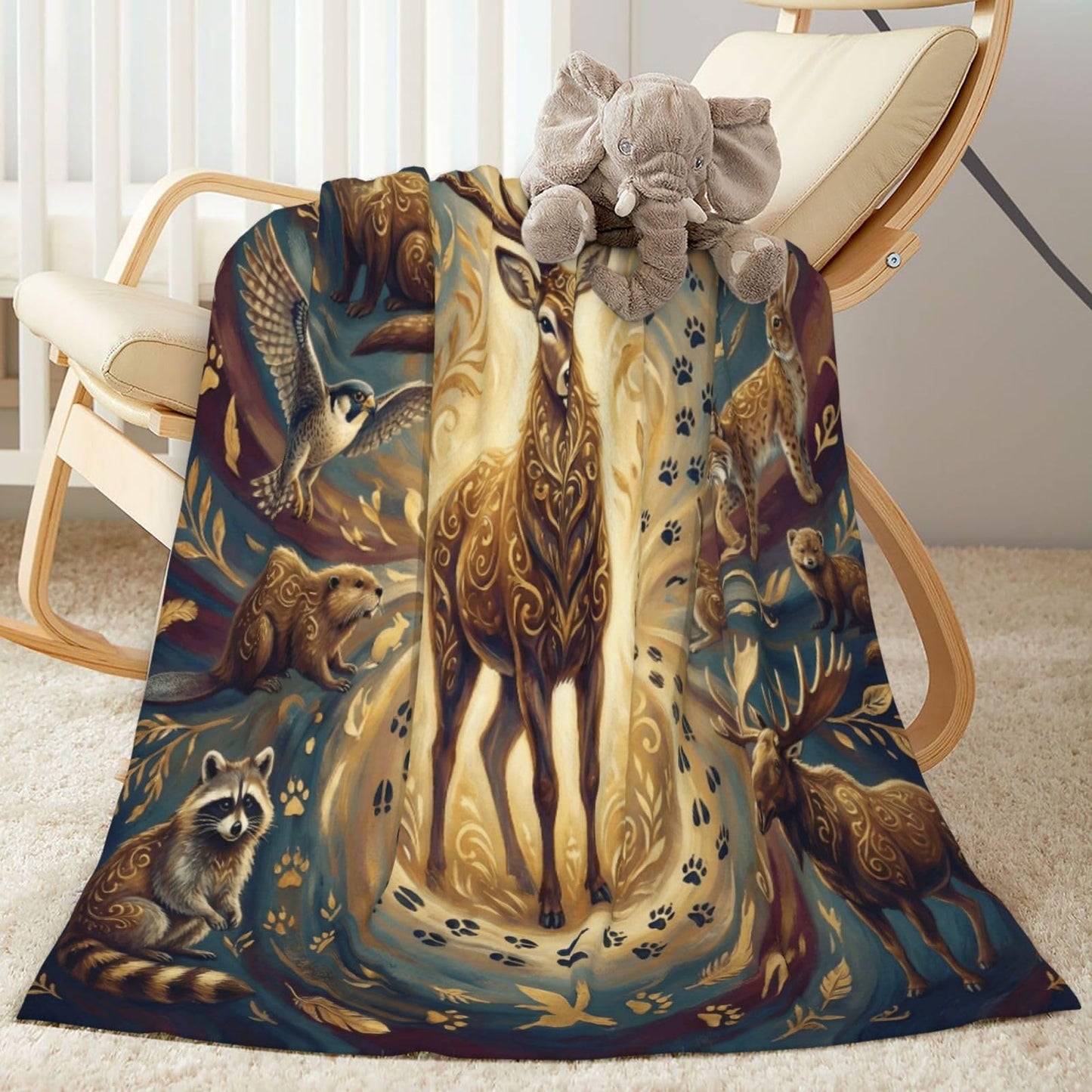 Gbuzozie Deer Owl Eagle Rabbit Wolf and Tiger Wild Animals Fleece Blanket Lightweight Elk Hunting Gifts Throw Blanket for Sofa Couch Bed Camping Travel - Super Soft Cozy Microfiber Blanket 50"X40"