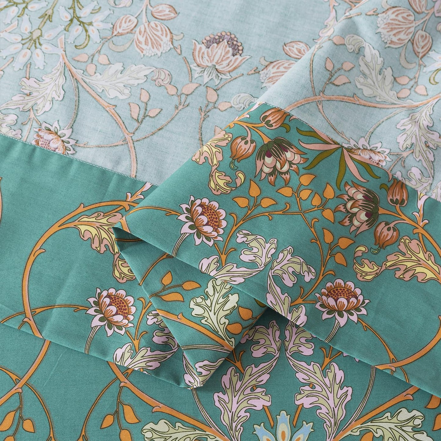 Zusbest Teal Floral Sheets Boho Queen Bed Sheets Set 100% Cotton Percale Shabby Vintage Blue Orange American Style Bedding Luxury Soft Breathable Crisp Bed Deep Pocket Fitted Sheet 4 Piece