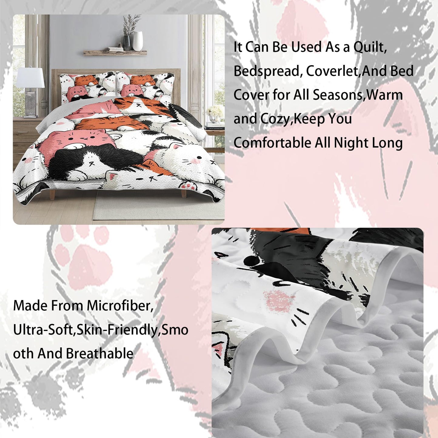AILONEN Full Quilted Comforter Set 3 Piece, Whimsical Lazy Kitten Bedspread Coverlet 2 Pillowcases, Soft Artistic Feline Bedding Teens Apartment Cozy Chubby Cat Animal Print Multi