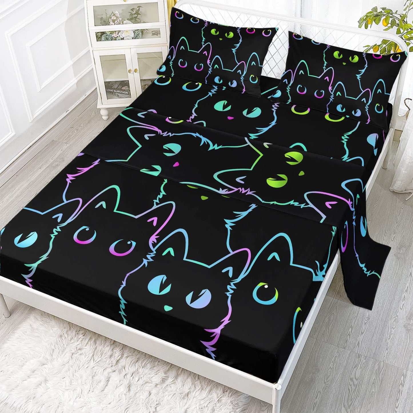 Axolotl Kids Bedding Cute Cat Sheet Set Twin Size, Gradient Line, 4Pcs Kawaii Cat Bed Sets with 1 Fitted Sheet 1 Flat Sheet 2 Pillowcases for Kids Boys Girls Adults Teens, Black