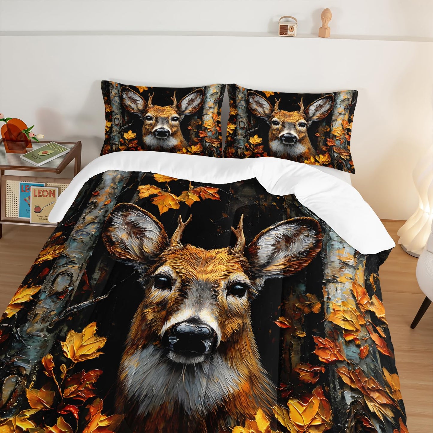HOSIMA Deer Twin Comforter Set,Brown Deer in Forest Print Animal Bedding for Teens Boys Room Decor,Maple Leaves Pattern Hunting Themed Fluffy Wildlife Bedding Sets with 2 Pillowcases.